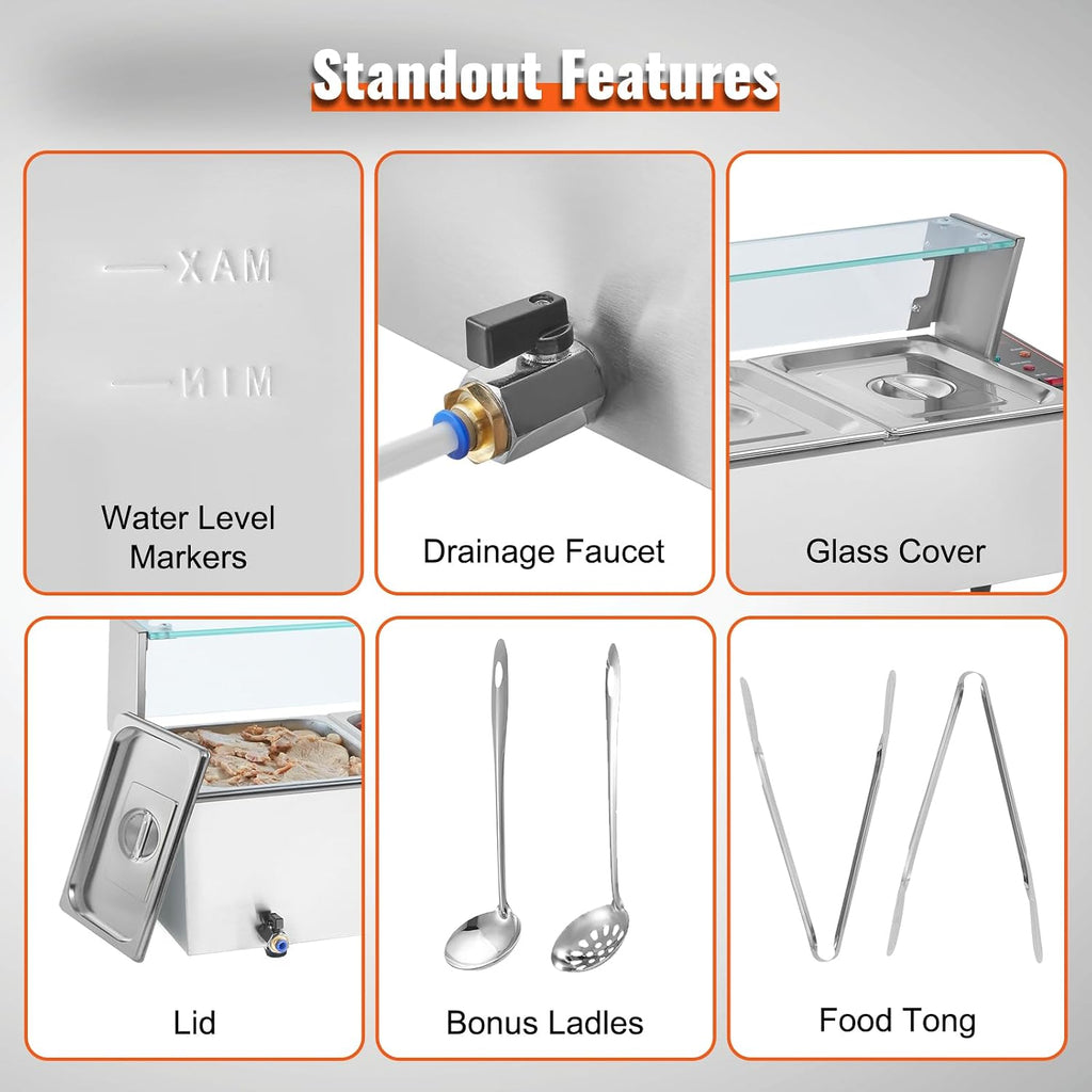 VEVOR 5-Pan Commercial Food Warmer, 5 x 12QT Electric Steam Table with Glass Cover, 1700W Countertop Stainless Steel Buffet Bain Marie 86-185°F Temp Control for Catering, Restaurants, Silver