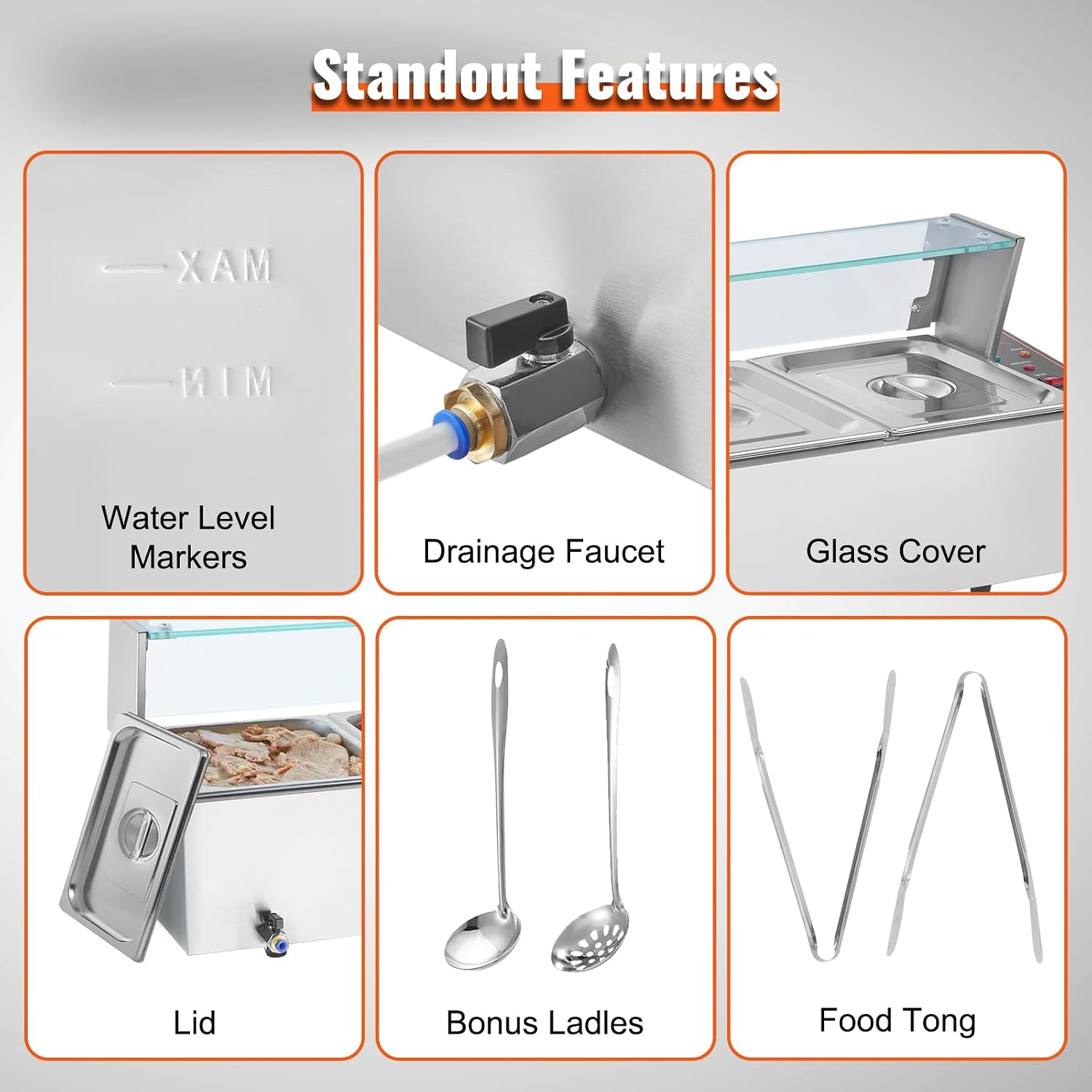 VEVOR 5-Pan Commercial Food Warmer, 5 x 12QT Electric Steam Table with Glass Cover, 1700W Countertop Stainless Steel Buffet Bain Marie 86-185°F Temp Control for Catering, Restaurants, Silver
