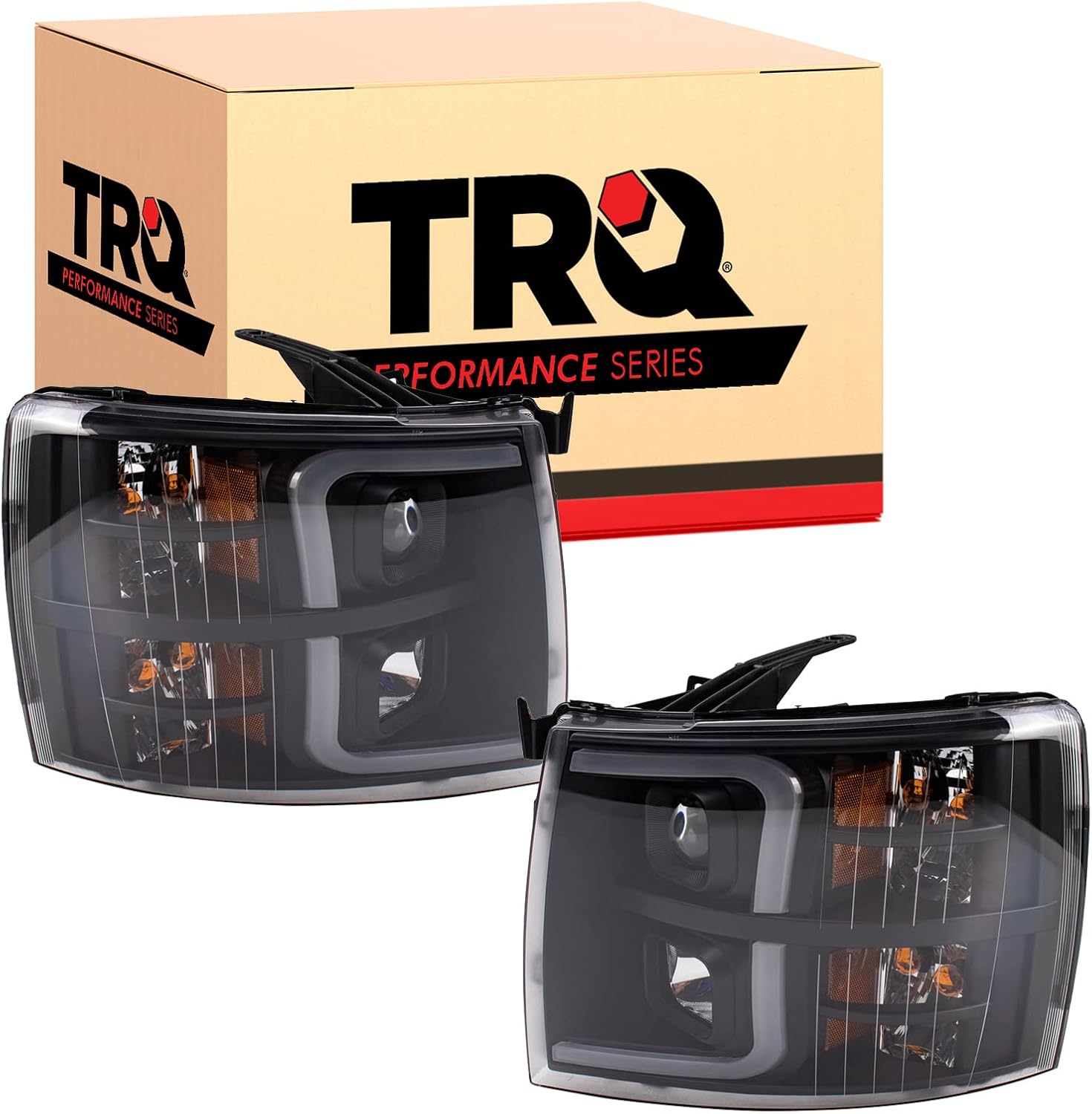 TRQ 2 Piece Headlight Assembly Set Performance Halogen LED C Light Bar Black Bezel Driver & Passenger Side Compatible with Chevrolet Chevy Silverado 1500 2007-2013 2500 HD 3500 HD 2007-2014