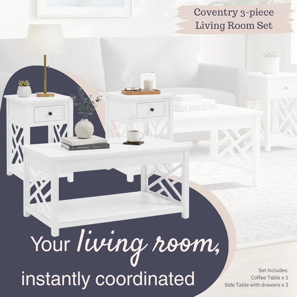 Coventry 36 in. Coffee Table and 2 End Tables with Drawers - Cottage-Style Living Room Furniture Set with Open-Design Decorative Details - Accent Tables with Storage Compartment