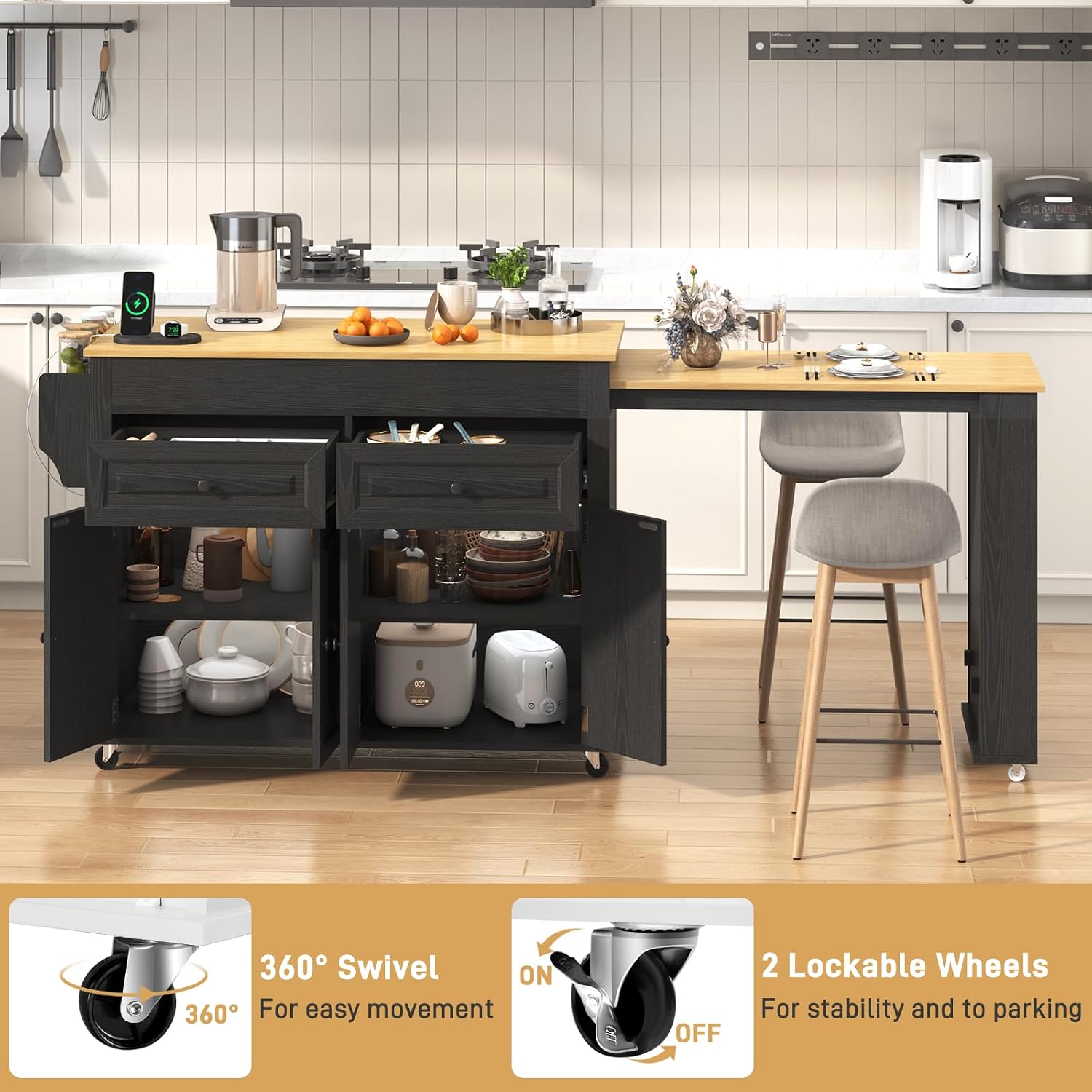 80'-48' Extendable Kitchen Island with Extended Dining Table and Power Outlet,Large Mobile Kitchen Storage Islands with 2 Storage Drawers,Rolling Islands Cart with 3 Extra Rows Open Shelves(Black)
