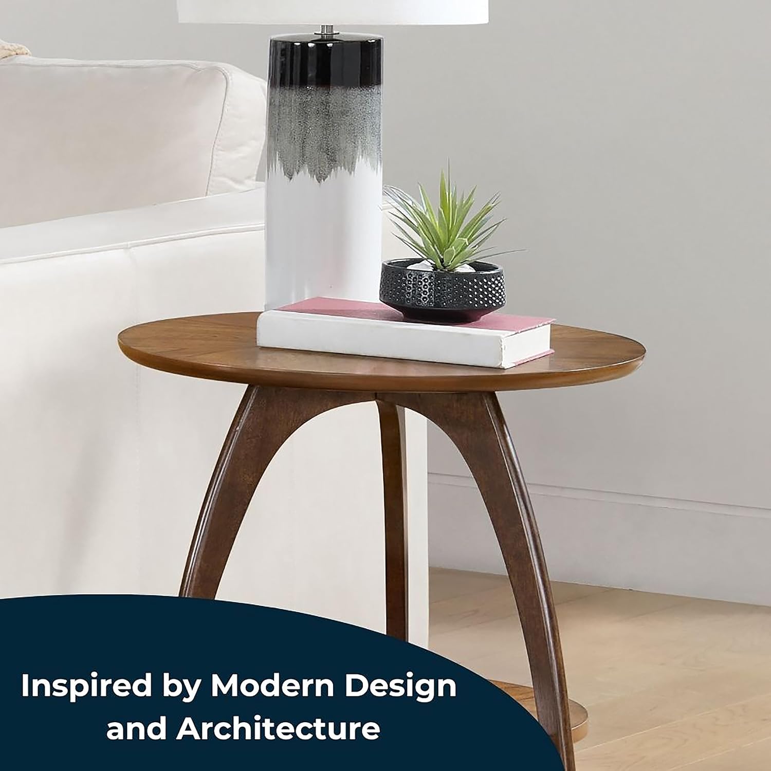 Retro Mid-Century Modern Round Wood End Table, Solid Grain Side Table with Lower Shelf, Small Accent Table for Living Room or Nightstand. Nutmeg Brown Top with Espresso Brown Legs