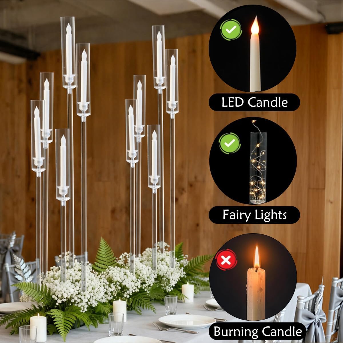 4PCS 5 Arms Acrylic Candelabra Centerpieces for Wedding,45.7Inches Clear Candle Holders Table Centerpiece Floor Candle Stand with Shade for Christmas Party Home Decor Prom Entrance Decorations