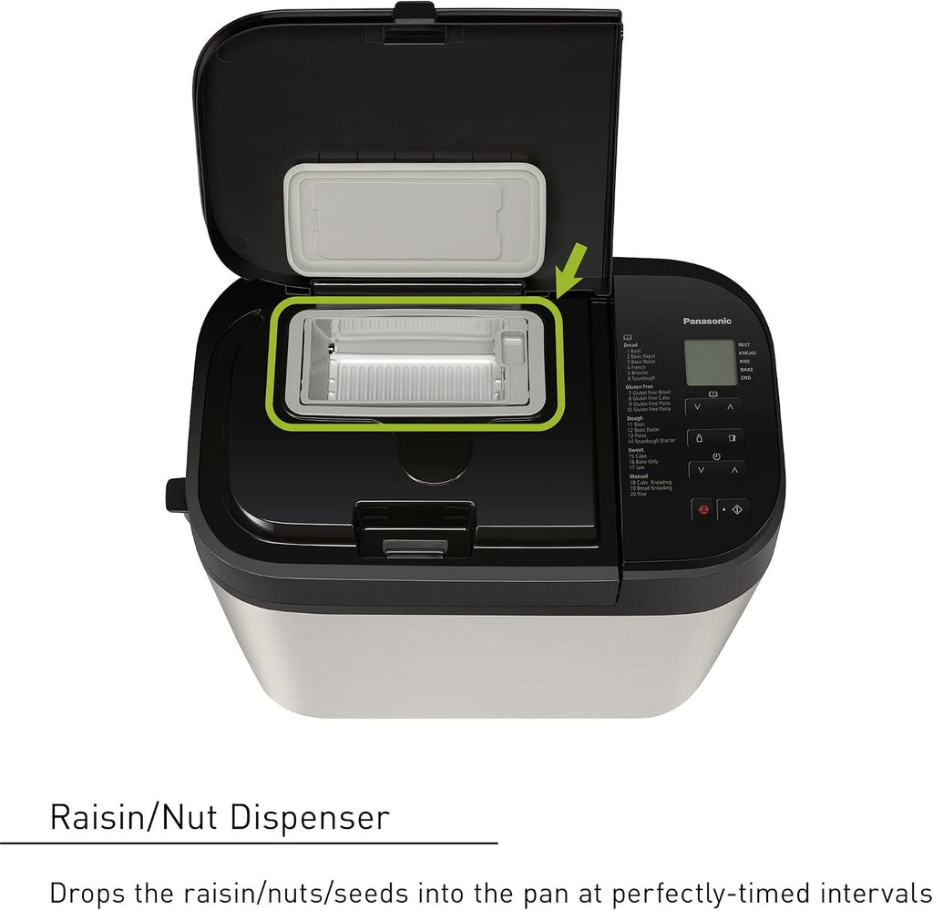 Panasonic Bread Machine, Automatic Bread Maker with 20 Presets and Advanced Temperature Sensor for Bread, Cake, and Pizza, Gluten Free Baking, Raisin Nut Dispenser - SD-R2550