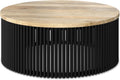 SIMPLIHOME Demy Coffee Table - 35 inch Wide Solid Wood Industrial Contemporary Round Cocktail Table in Natural and Black, Sculptural Living Room Table with Powder Coated Metal Base, Assembled