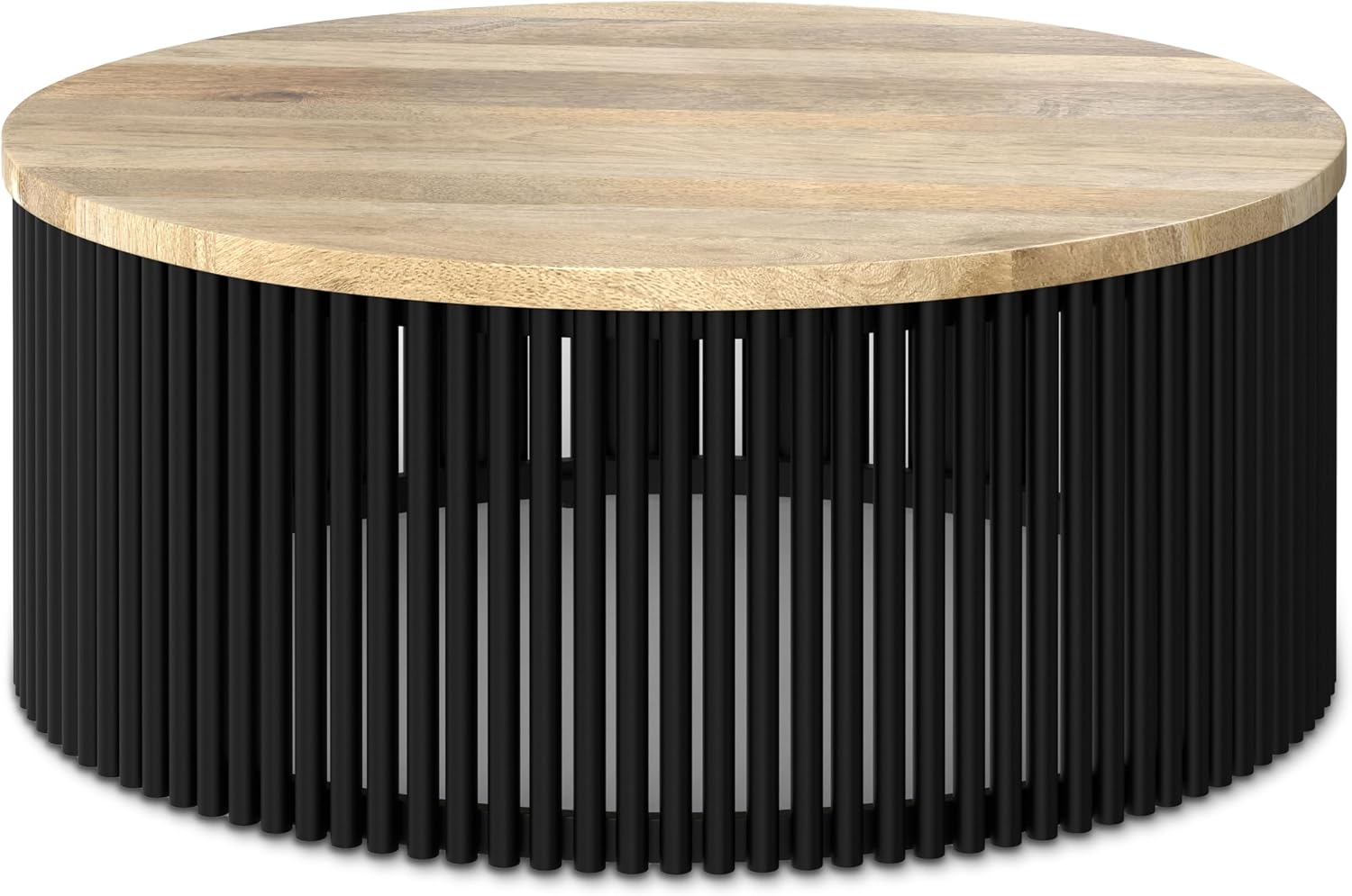 SIMPLIHOME Demy Coffee Table - 35 inch Wide Solid Wood Industrial Contemporary Round Cocktail Table in Natural and Black, Sculptural Living Room Table with Powder Coated Metal Base, Assembled