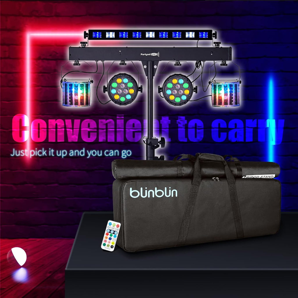 DJ Lights with Stand, 5 in 1 Party Lights DJ Disco Light for Parties Indoor, Sound Activated Mobile Stage Lighting System with DMX& Remote Control, Disco Ball Stage LED Par Light with Bag for Bar Gig