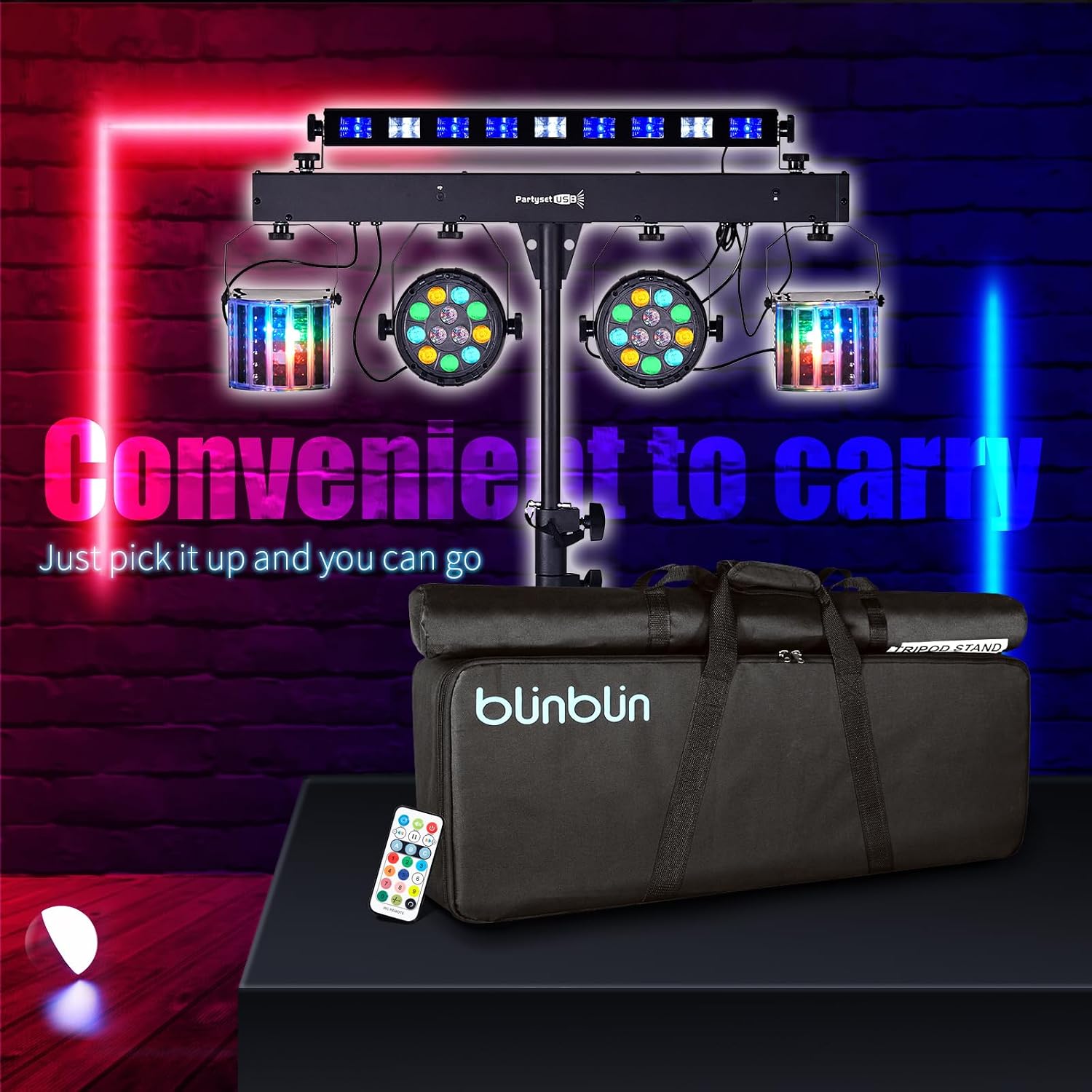 DJ Lights with Stand, 5 in 1 Party Lights DJ Disco Light for Parties Indoor, Sound Activated Mobile Stage Lighting System with DMX& Remote Control, Disco Ball Stage LED Par Light with Bag for Bar Gig