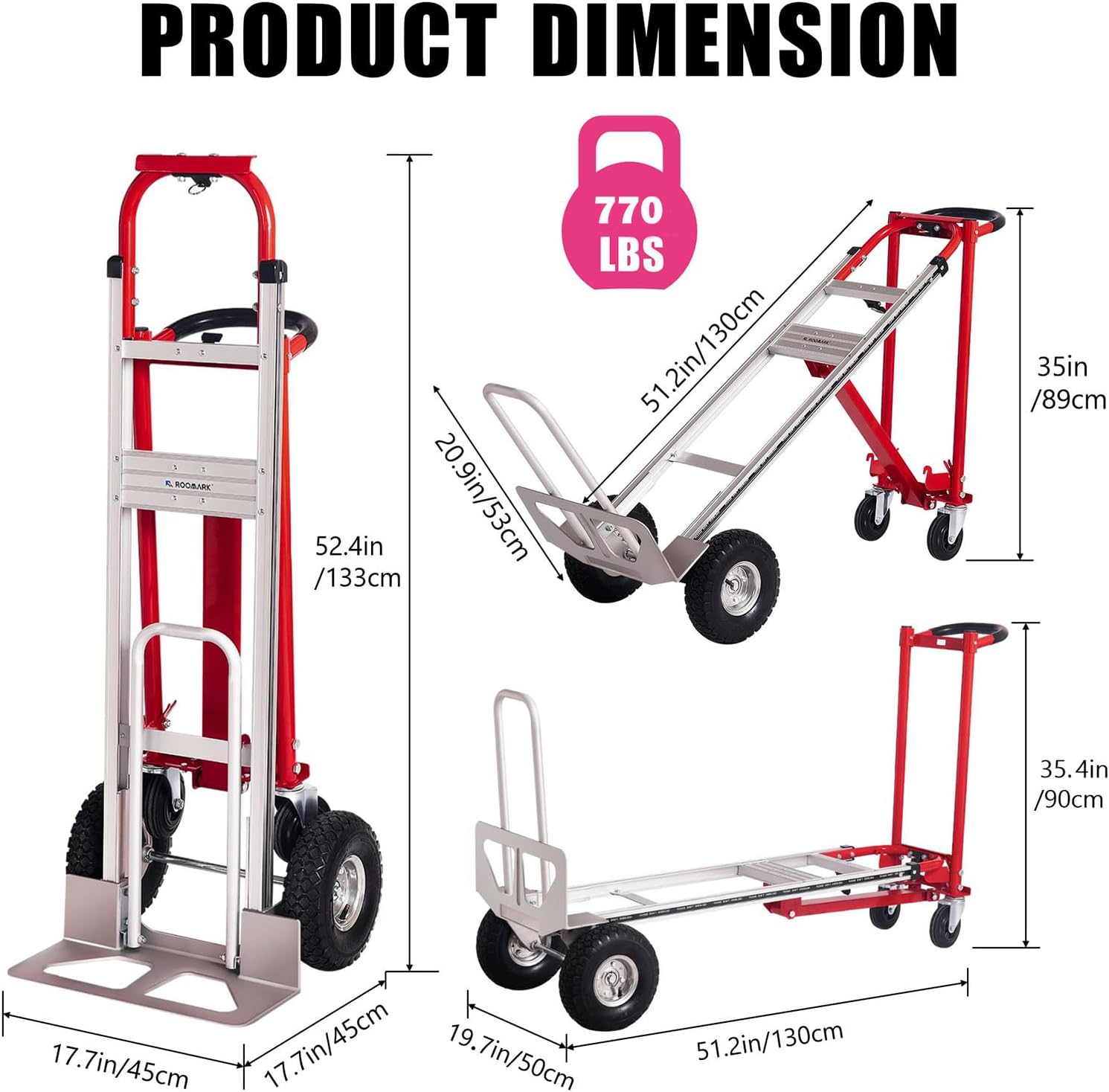 3-in-1 Folding Hand Truck, 770LBS Capacity Aluminum Alloy Dolly Cart with 4 Wheels, Convertible Dolly Portable Hand Truck for Moving, Warehouse, Delivery, Industrial Use