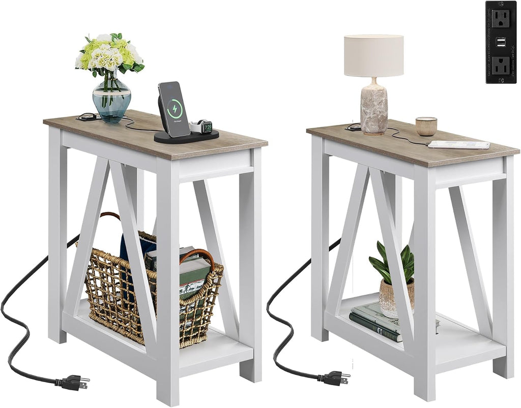 WLIVE End Tables Living Room Set of 2 with Charging Station, Sofa Side Tables with Open Storage Shelf, Slim Farmhouse End Table Sets, Greige