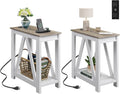 WLIVE End Tables Living Room Set of 2 with Charging Station, Sofa Side Tables with Open Storage Shelf, Slim Farmhouse End Table Sets, Greige