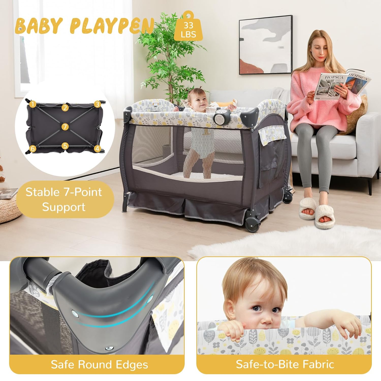 HONEY JOY Pack and Play, 4 in 1 Portable Baby Crib Playpen w/Bassinet, Changing Table, Canopy, Mattress, Music Box, Storage Bag, Foldable Pack and Play for Infant Boys Girls