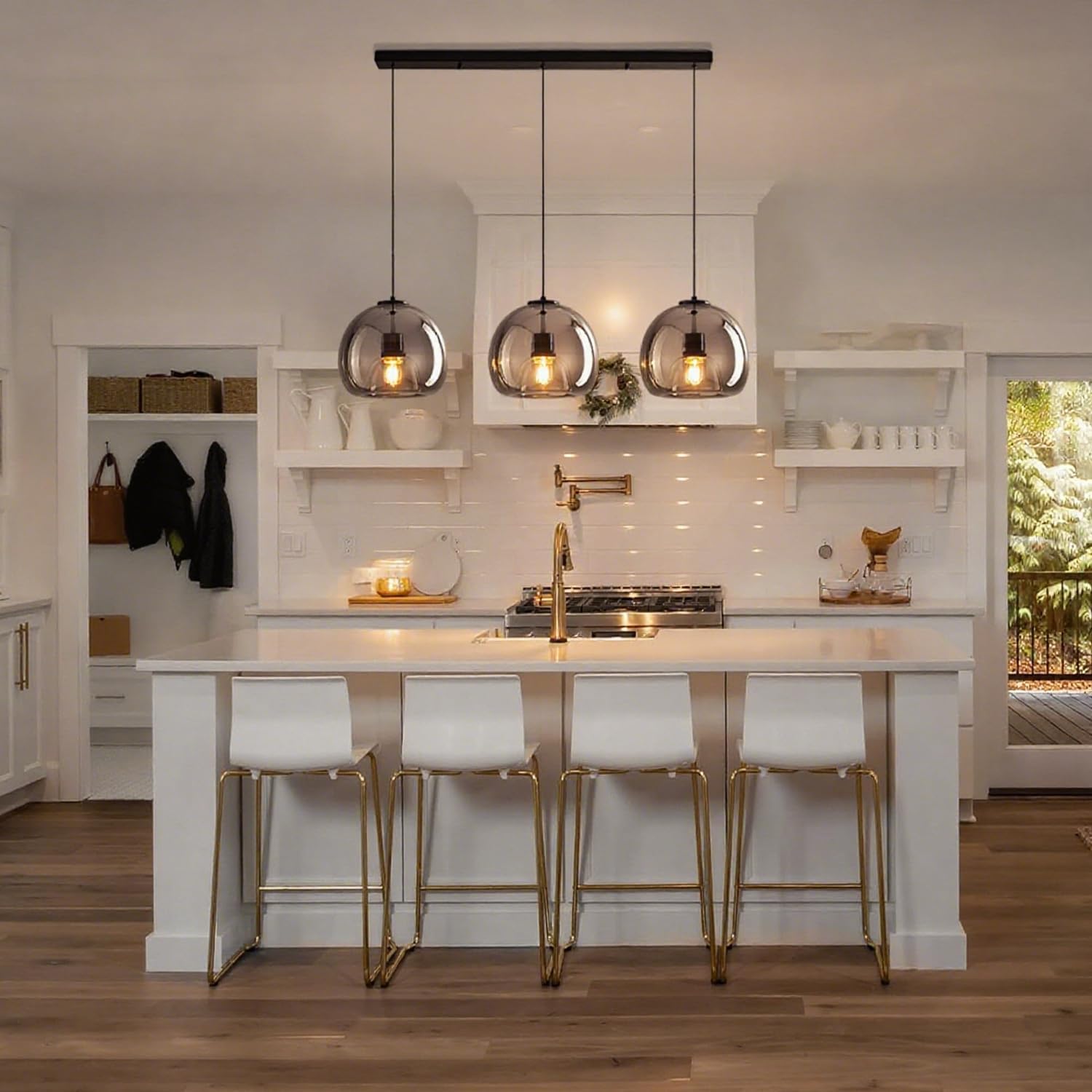 MIXL-Modern Globe Pendant Light 3-Lights Hanging Light with Smoke Gray Glass Lampshade, Height Adjustable Dining Room Lighting, Glass Pendant Lamp, Farmhouse Hanging Lamp for Kitchen Island