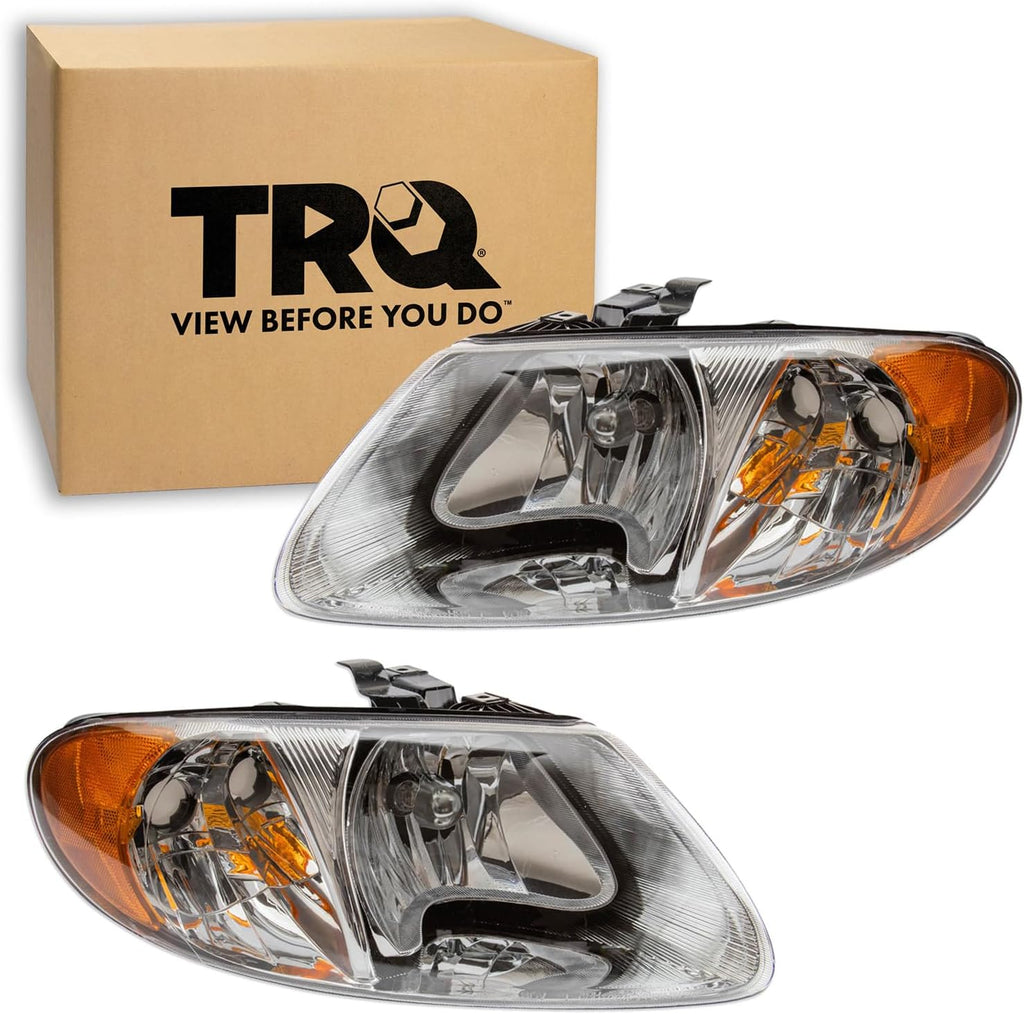 TRQ Driver and Passenger Side Headlight Assembly Set Compatible with 01-04 Chrysler Town and Country 05-07 Town and Country 113 in Wheel Base 01-03 Voyager 01-07 Dodge Caravan 01-07 Grand Caravan