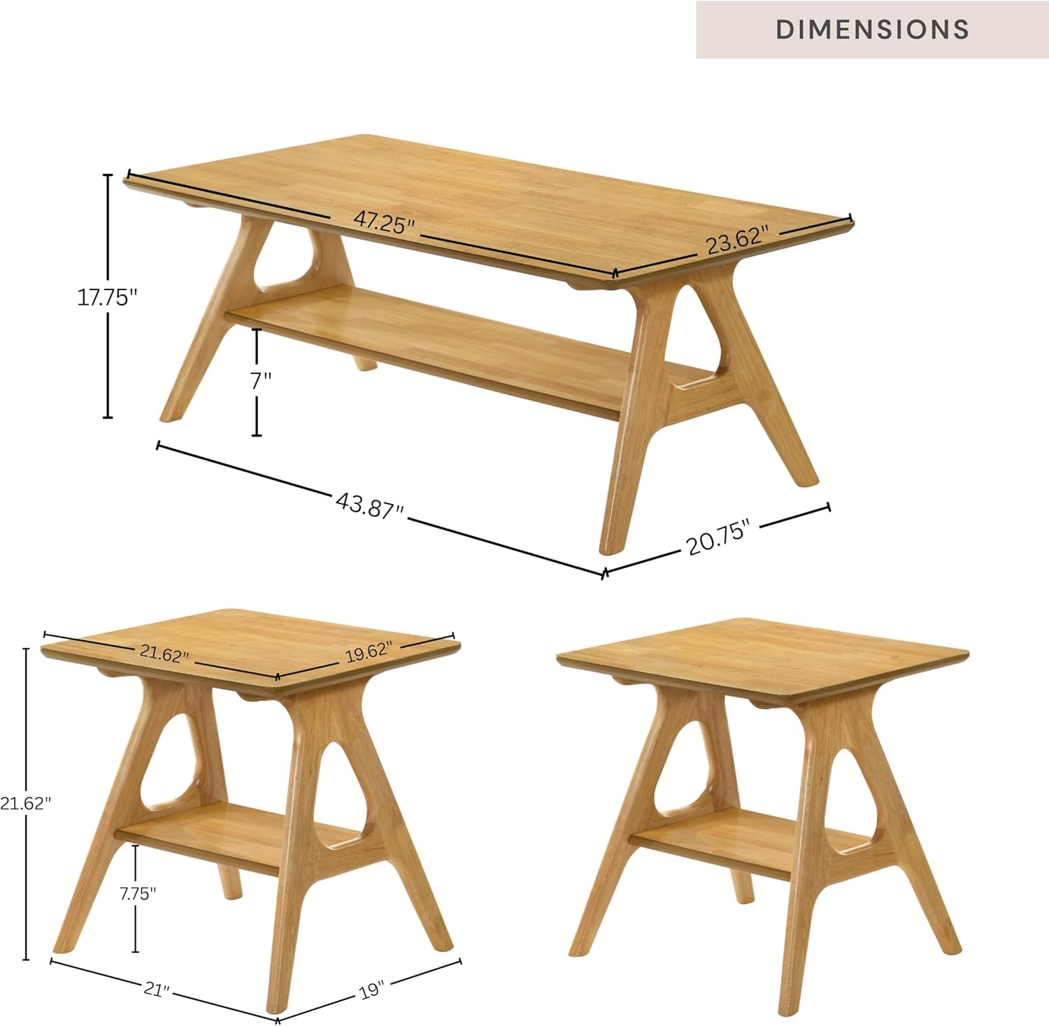 Roundhill Furniture Arona 3-Piece Coffee Table Set, Coffee Table and Two End Tables, Natural Oak Finish