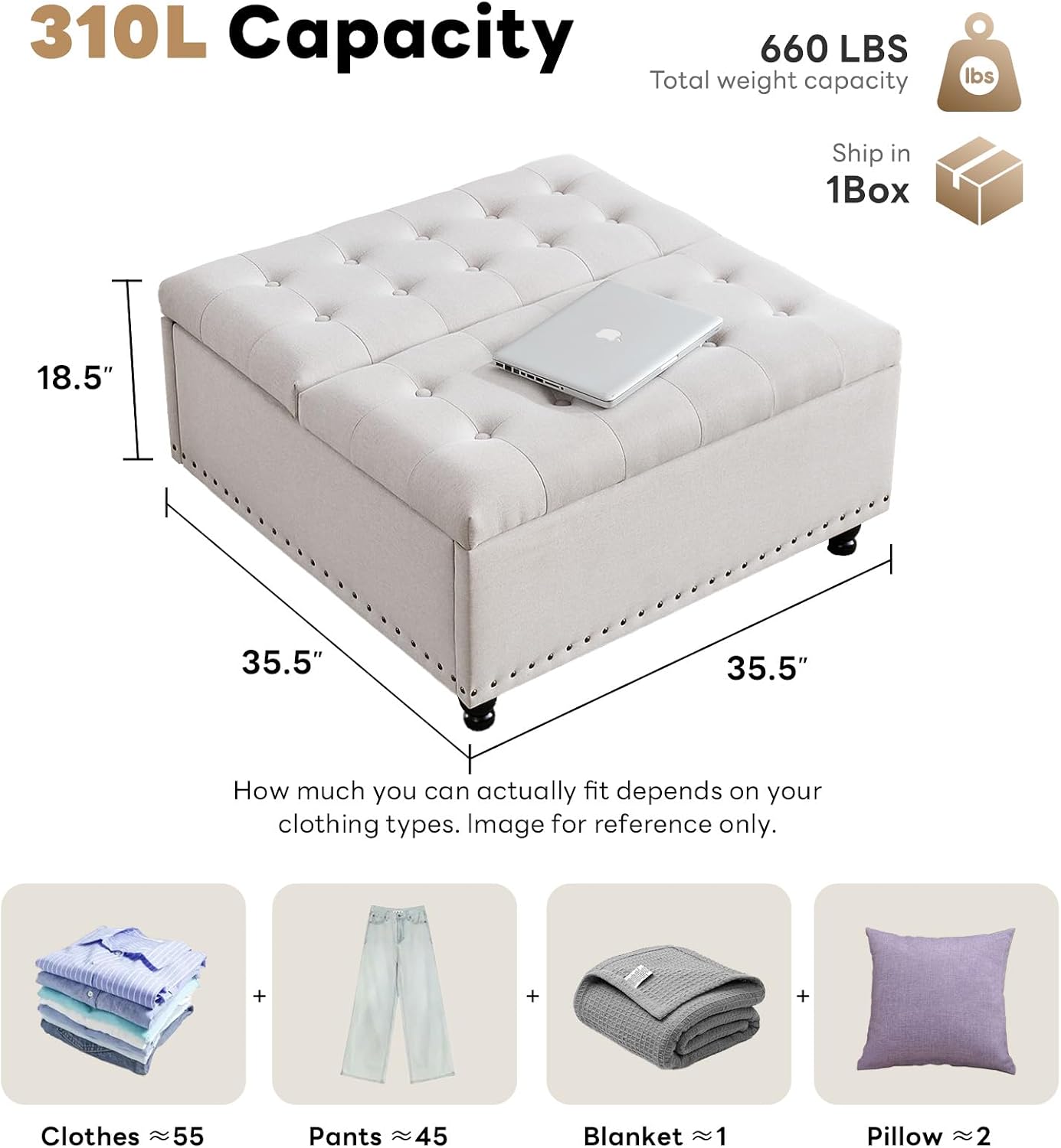 Tbfit Large Square Storage Ottoman Bench, Tufted Upholstered Coffee Table with Lift Top & Solid Wood Legs, Oversized Storage Ottomans Toy Box for Living Room (Beige)