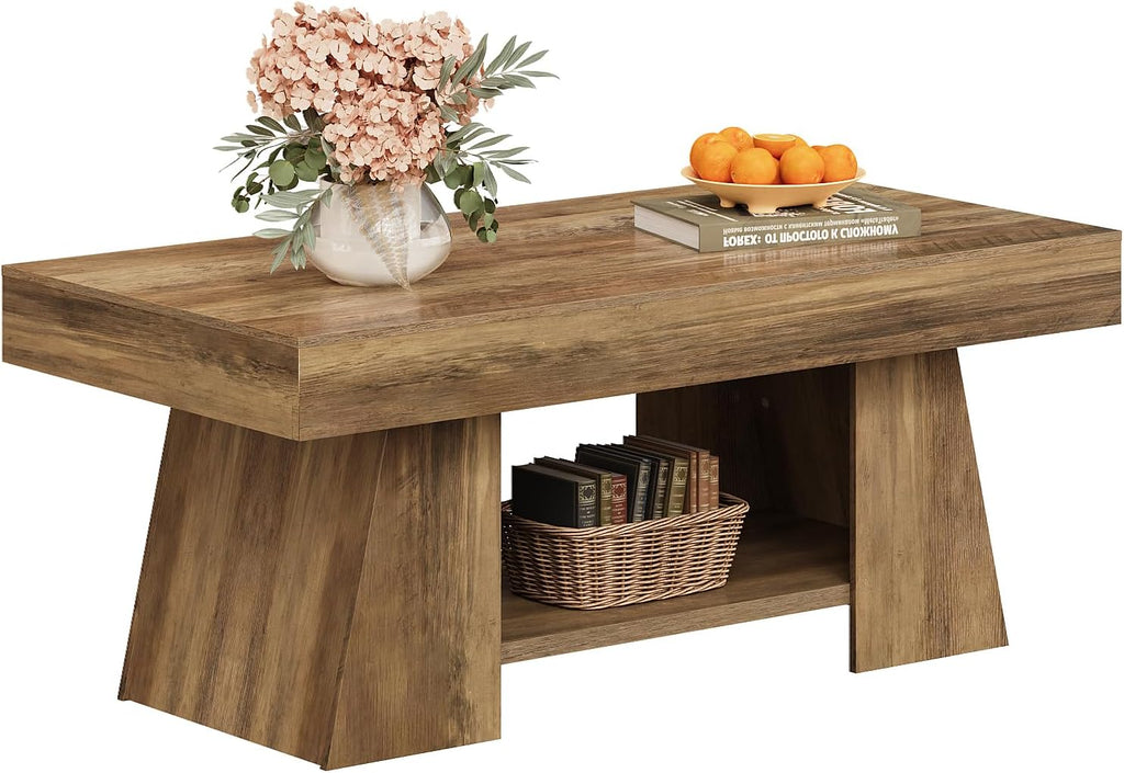 Tohomeor Coffee Table, 47.24' Farmhouse Wooden Rectangular Accent Center Tables with Storage Shelf Thick Base for Living Room, Home Office, Retro Brown