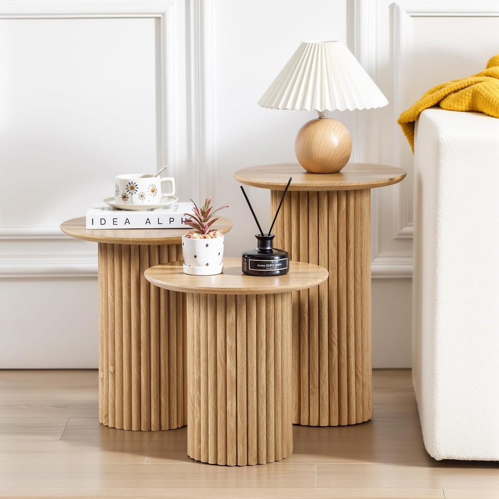 Bifins Round Nesting Coffee Table Set of 3,Mid Century Modern Fluted Coffee and End Table Set,Small Circle Wooden Side Table Drink Table for Living Room (Natural)