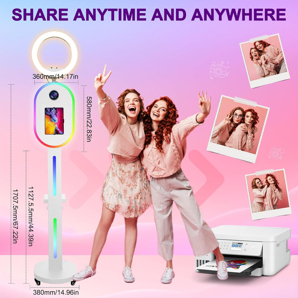 Photo Booth for iPad 10.2' 10.5' 10.9' 11' 12.9' 13' for Camera Dualuse Photobooth Machine Selfie Station Stand APP Control RGB Light Music Sync Light Box with Flight Case for Rental Wedding