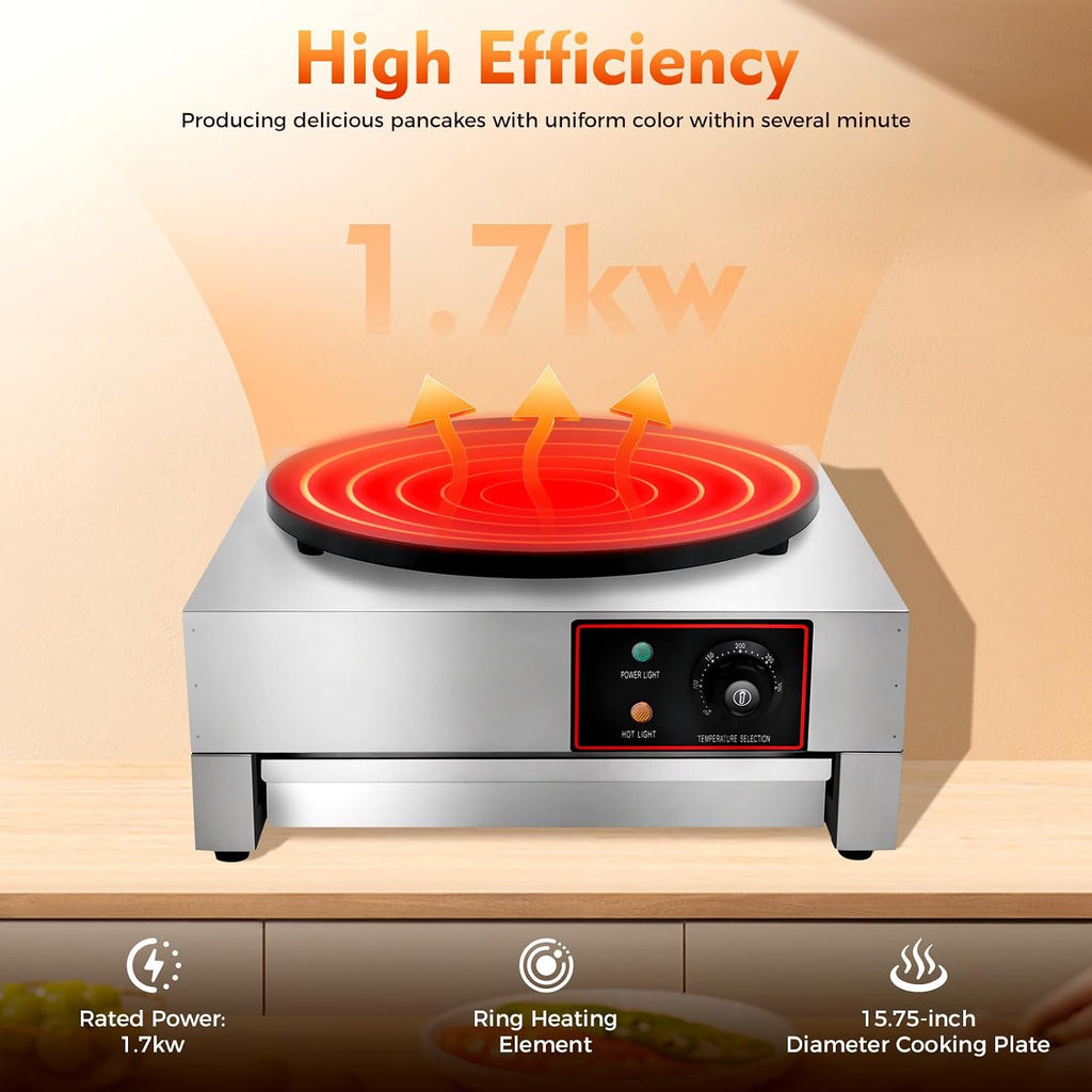 16' Commercial Crepe Maker 1700W Electric Non Stick Pancake Machine with plug, 122-572℉ Adjustable Temperature Big Hotplate Pancake Frying Pan Stove for Kitchen Convenience Store Snack Stand