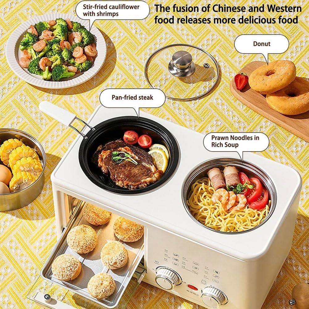 Electric Breakfast Machine,4-in-1 Breakfast Maker Station with 8L Oven, Frying Pan and Steamer, 0-60Min Timer Knob, S-Type Double Heating Tube, 1200W Breakfast Egg Sandwich Maker for Home