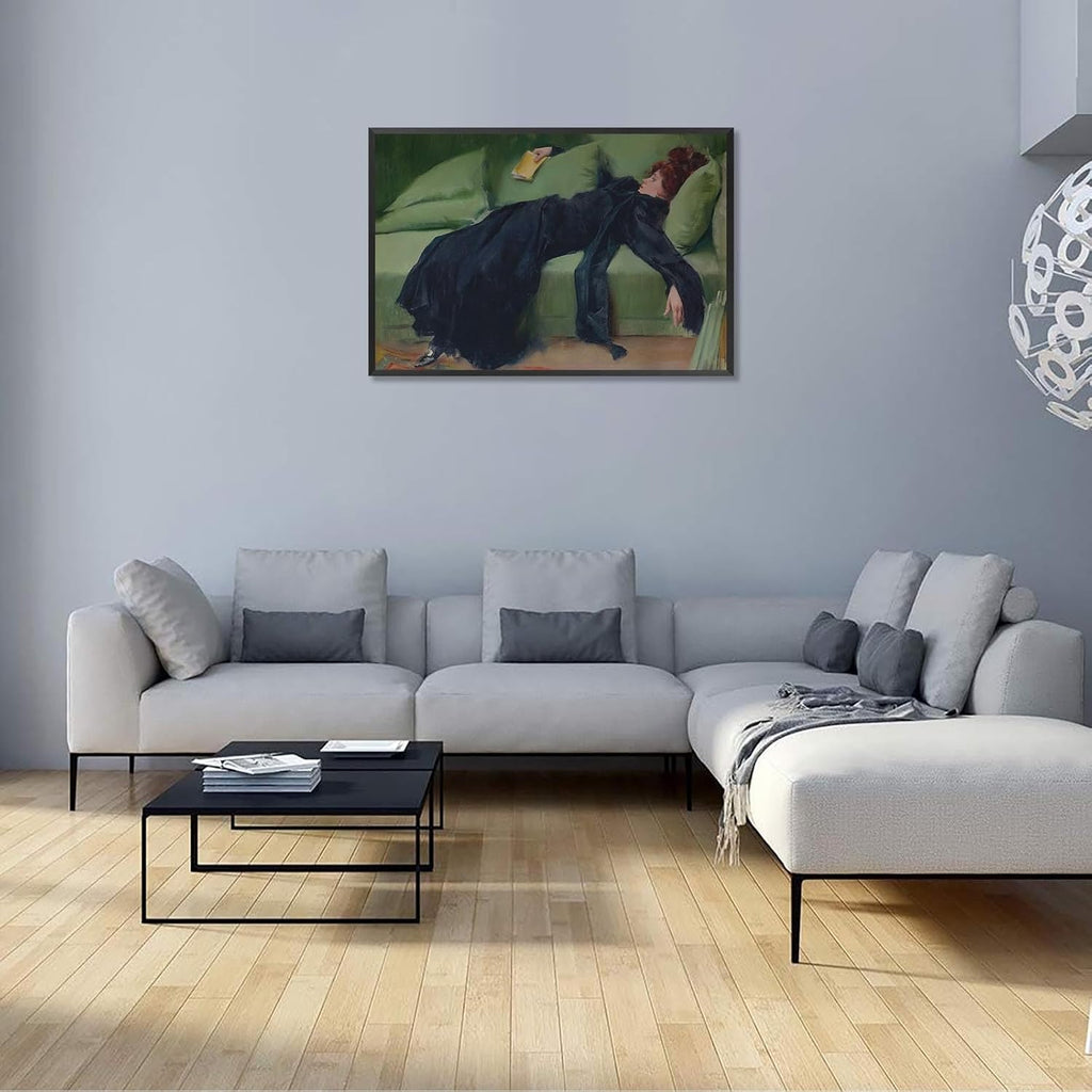 Vintage Decadent Young Woman After The Dance Posters Preppy Style Victorian Canvas Wall Art Interesting Green Sofa Aesthetic Prints Painting For Home Bedroom Dorm Wall Decor 24X36in Black Frame