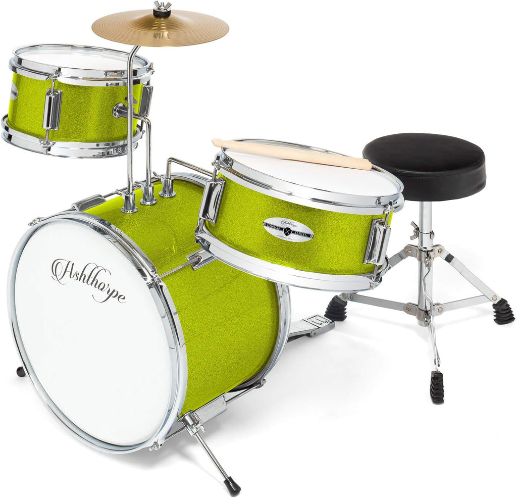 Ashthorpe 3-Piece Complete Drum Set - Beginner Kit with 14' Bass, Adjustable Throne, Cymbal, Pedal & Drumsticks - Green