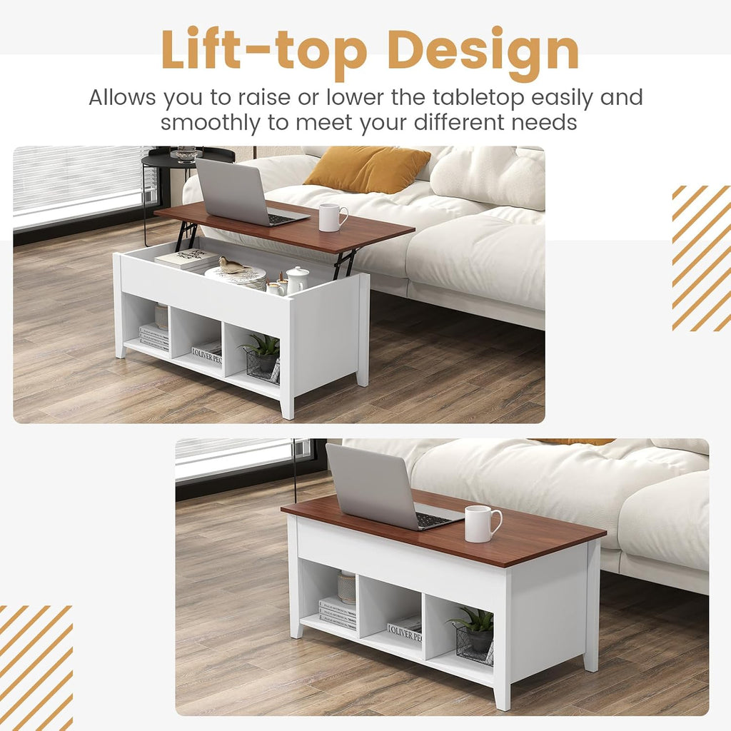 Giantex Lift Top Coffee Table - Rectangular Wooden Table w/Hidden Compartment & Open Storage Shelves, Multifunctional Modern Flip Top Center Table for Living Room, Reception Room, Office (White)