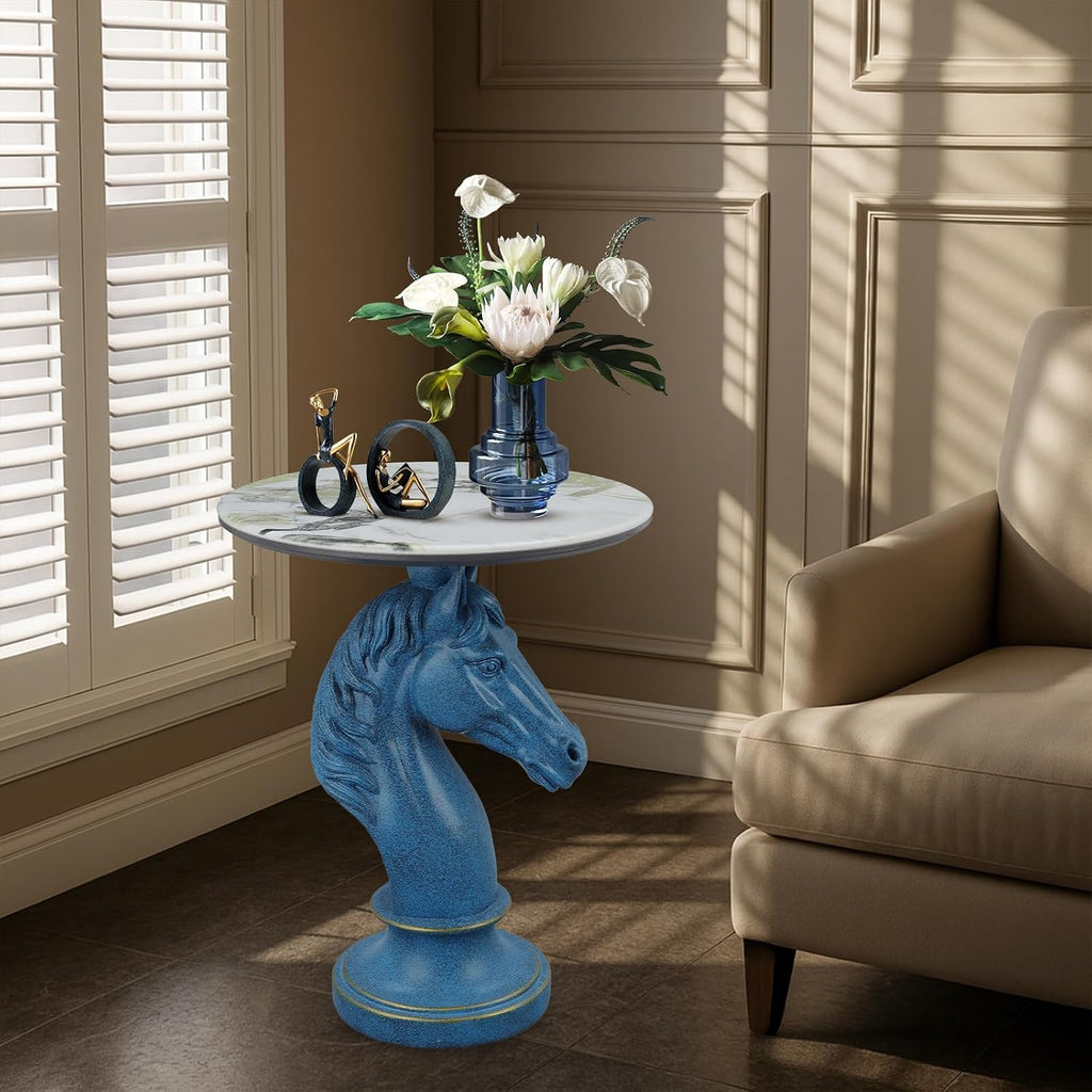 Sculptural Horse Head Side Table, Artistic End Table with Faux Marble Top, Modern Accent Table for Living Room, Unique Home Decor Gift for Housewarming, 19.69' W x 24.8' H