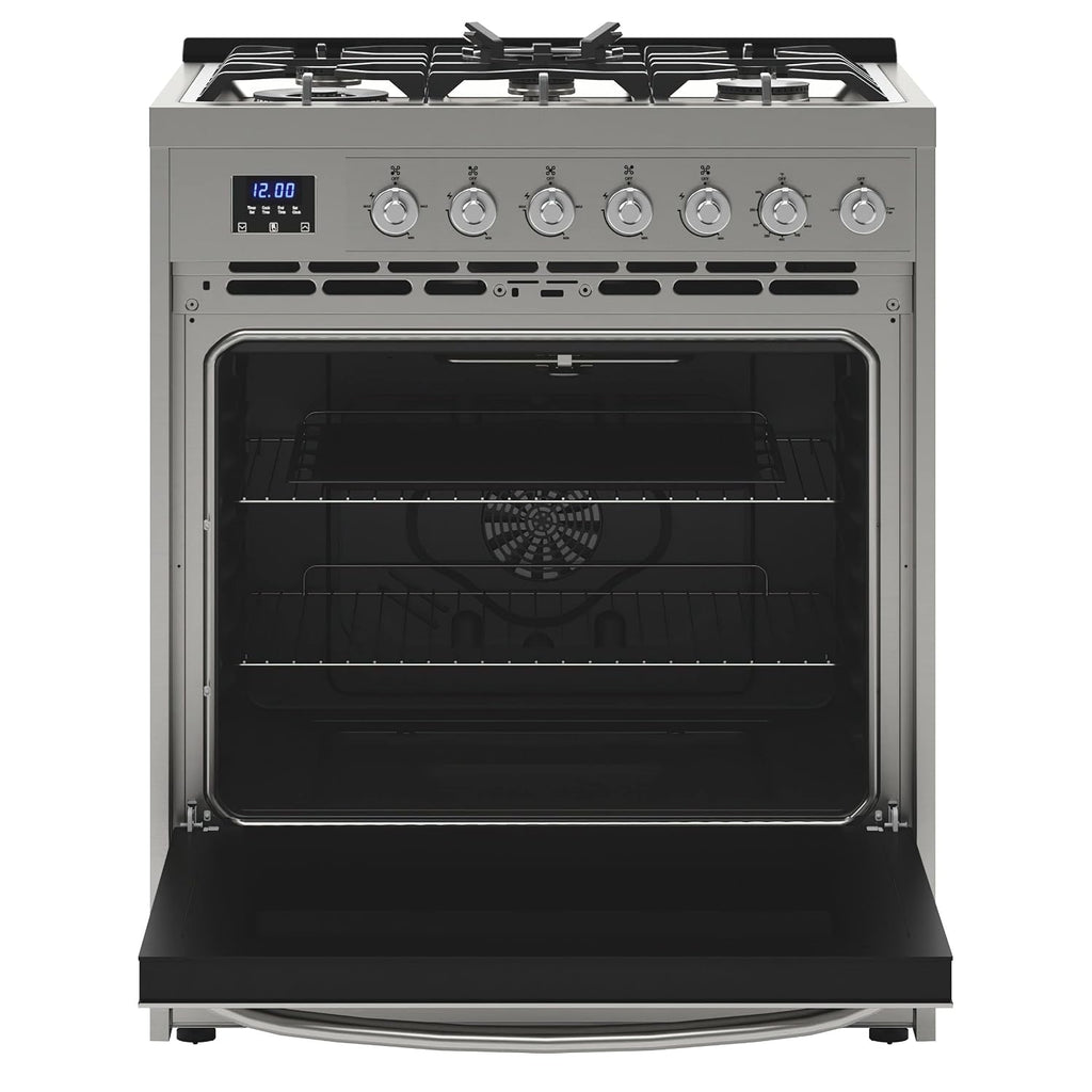 KoolMore 30' Inch Professional Gas Range Stove with 5 Burner Cooktop, Rapid Convection Oven, and Digital Timer with Heavy-Duty Cast Iron Grates, Stainless-Steel Appliance (KM-FR30G-SS),Silver