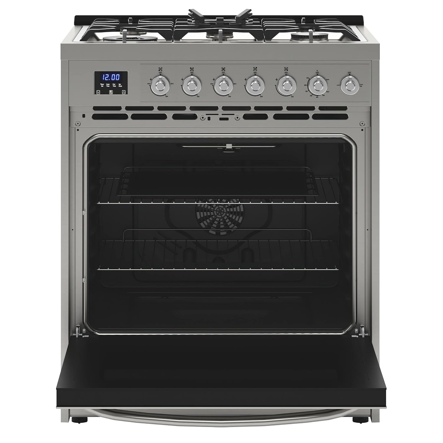 KoolMore 30' Inch Professional Gas Range Stove with 5 Burner Cooktop, Rapid Convection Oven, and Digital Timer with Heavy-Duty Cast Iron Grates, Stainless-Steel Appliance (KM-FR30G-SS),Silver