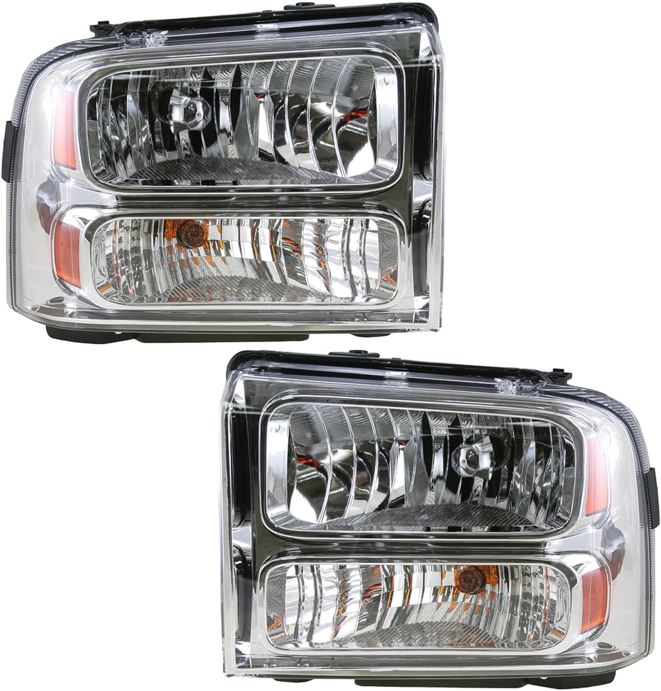 TRQ Driver and Passenger Side Headlight Assembly Set Chrome Housing Compatible with 05 Ford Excursion 04-07 Ford F-250 Super Duty XL 04-07 F-350 Super Duty XL