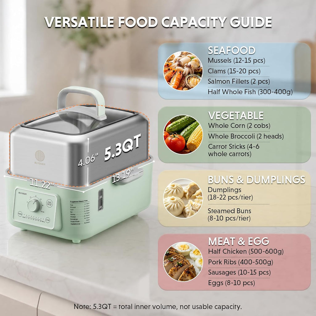 BUYDEEM G52 5.3 Quart Electric Food Steamer for 1-3 Servings, Vegetable Steamer for Cooking, 2-hour Keep Warm, 7 Preset Timings, Dual Boil-Dry Protection, Stainless Steel, Cozy Greenish