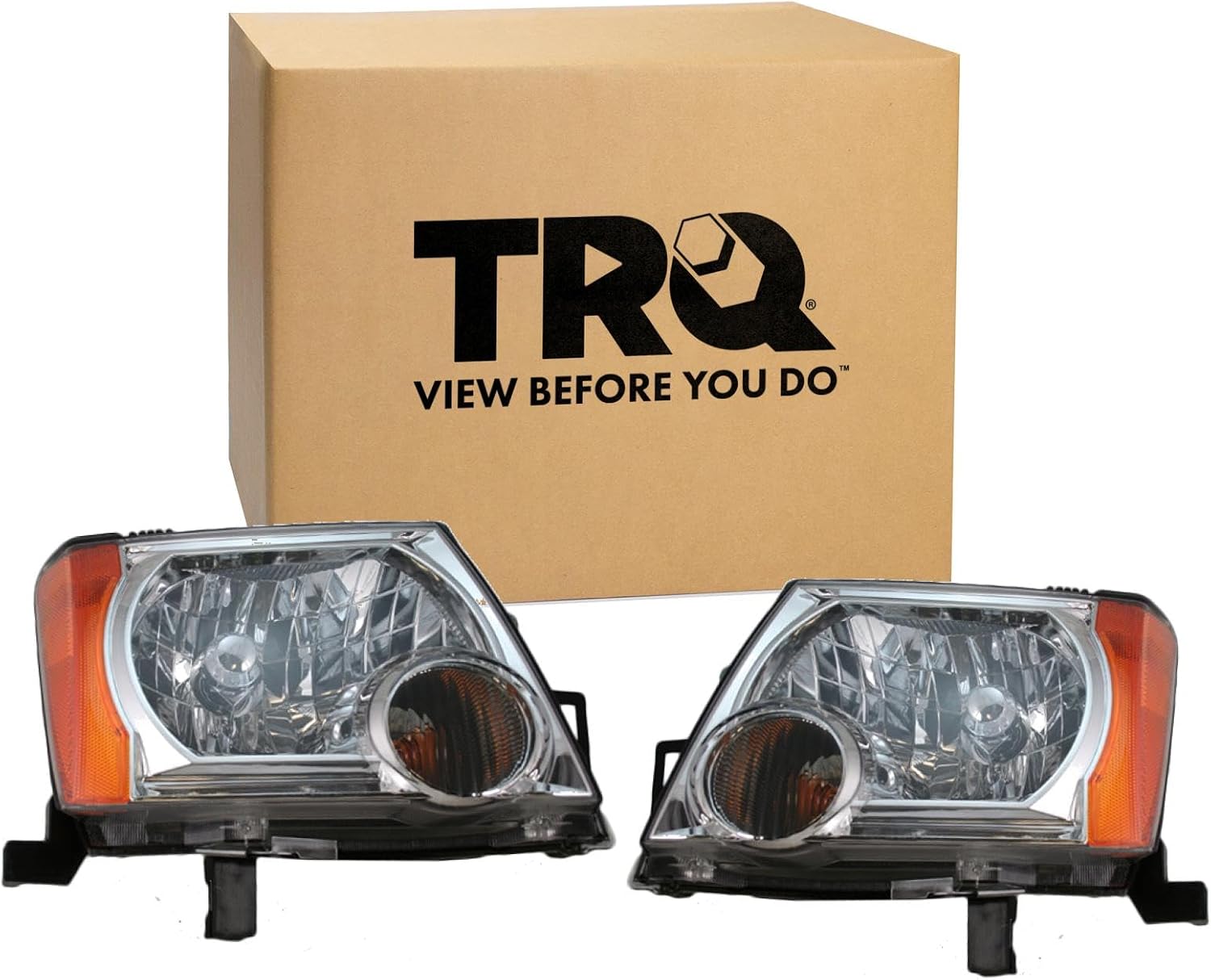 TRQ 2 Piece Headlight Assembly Set Chrome Bezel Driver & Passenger Side Compatible with Nissan Xterra 2005-2015 NI2502161 NI2503161 26010EA025 26060EA025