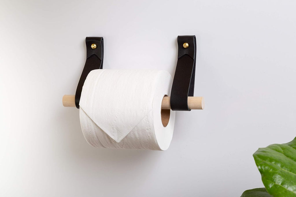 Bathroom Fixture Kit includes leather & wood Toilet Paper Roll Holder, Bath Towel Rail, leather & brass hanging Hand Towel Ring hook with gold hardware, straps are wall mounted, accessories rack