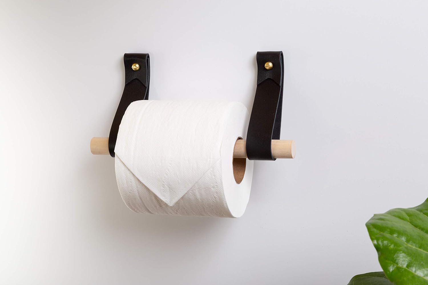 Bathroom Fixture Kit includes leather & wood Toilet Paper Roll Holder, Bath Towel Rail, leather & brass hanging Hand Towel Ring hook with gold hardware, straps are wall mounted, accessories rack