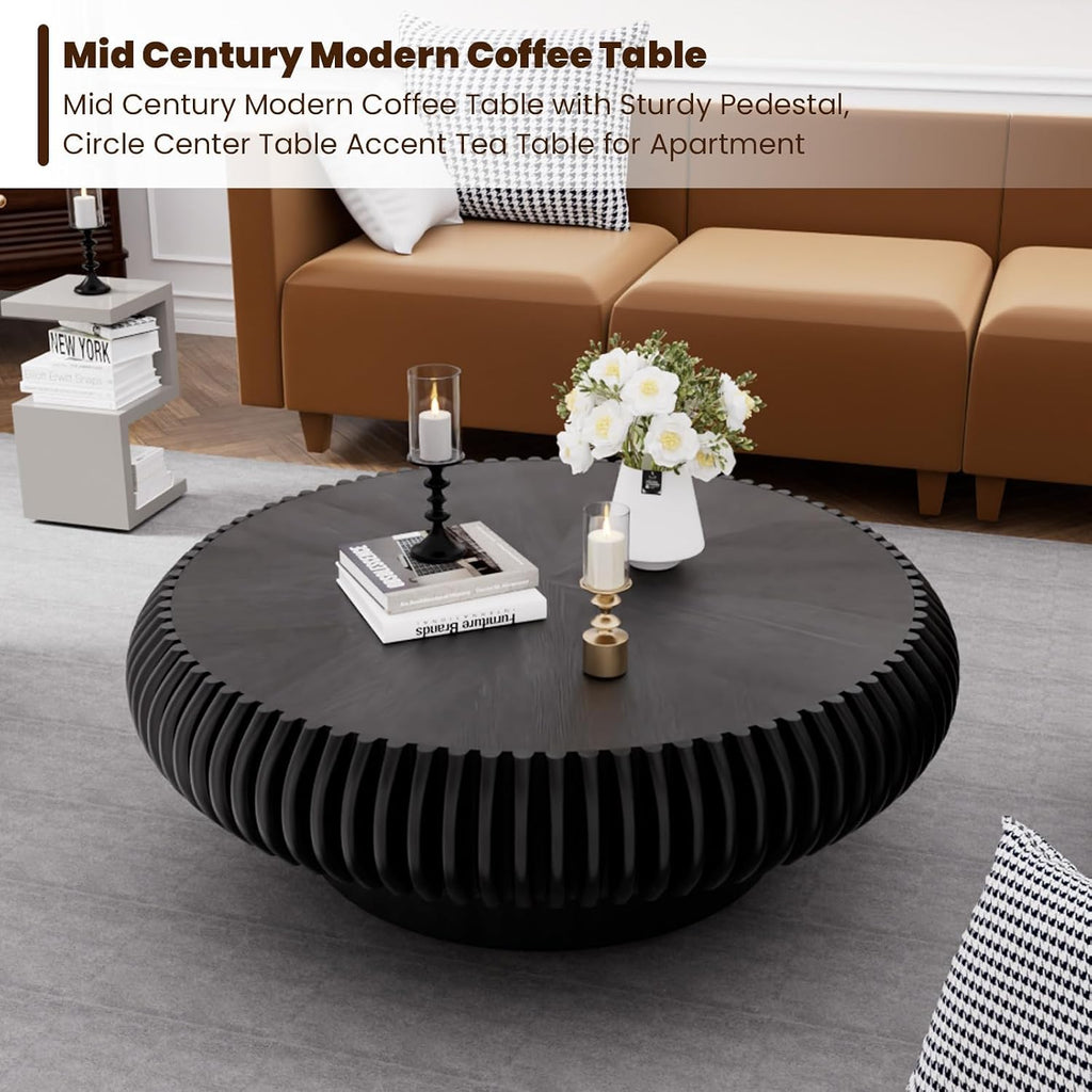 Round Drum Coffee Table for Living Room, Mid Century Modern Coffee Table with Sturdy Pedestal, Farmhouse Fluted Circle Center Table Accent Tea Table for Apartment (Large Black)