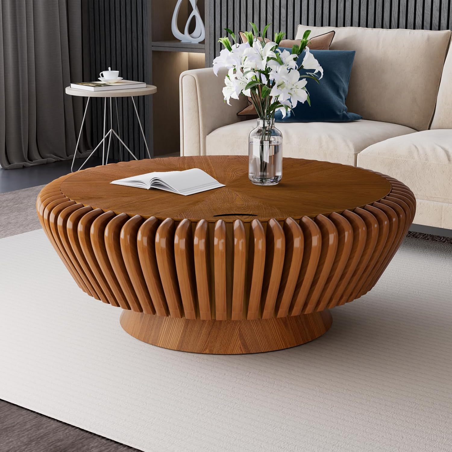 Round Coffee Table with Storage, Mid Century Modern Drum Coffee Table for Living Room, Fluted Circle Center Table with Sturdy Pedestal, Accent Tea Table for Apartment (35.4' Brown with Storage)