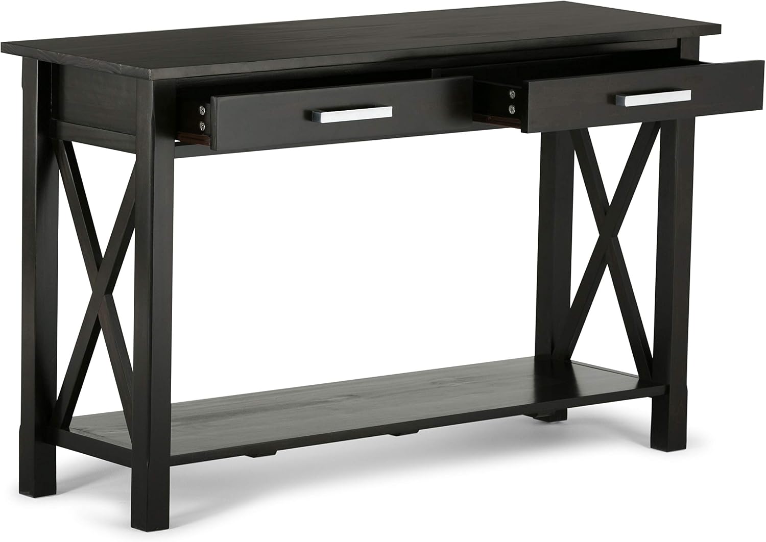 SIMPLIHOME Kitchener Console Table - 47 Inch Wide Solid Wood Sofa Table in Hickory Brown, Contemporary Storage Table for Entryway or Living Room with 2 Drawers, Bottom Shelf, and X-Design Side Panels