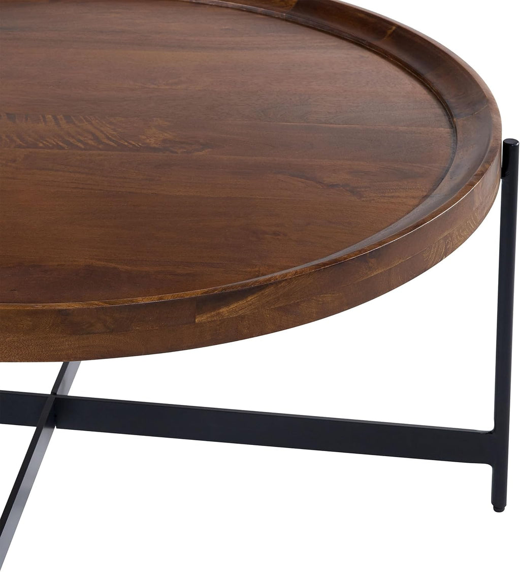 Brookline Solid Acacia Wood 42-Inch Round Coffee Table with Black Powder-Coated Metal Legs – Rustic Industrial Modern Farmhouse Living Room Furniture by Alaterre