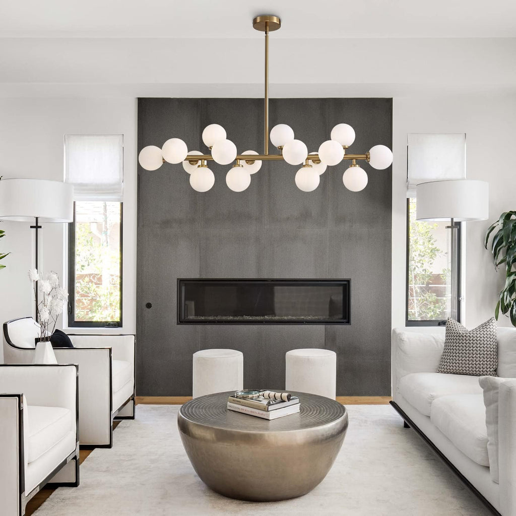 Gold Dining Room Chandelier Over Table Mid Century Modern Chandelier White Glass Globe Lampshade Linear Pendant Lighting Fixture for Living Room Dining Table 16 Lights