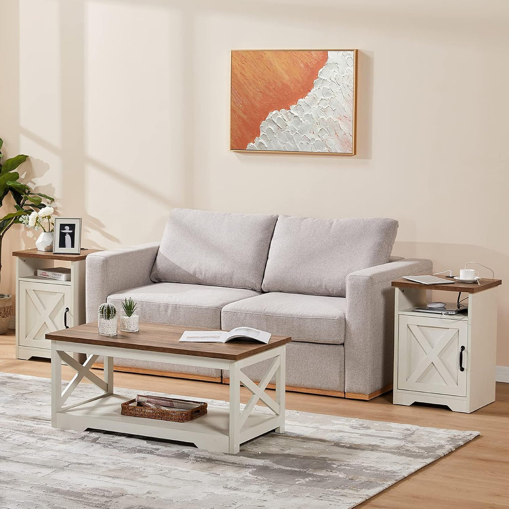 AMERLIFE 4 Pieces Living Room Table Sets, 98' Farmhouse Wall Unit TV Stand with Bookshelves & Wine Cabinet, Coffee Table & 2 End Tables with Charging Station and USB Ports, Living Room, Barnwood+White