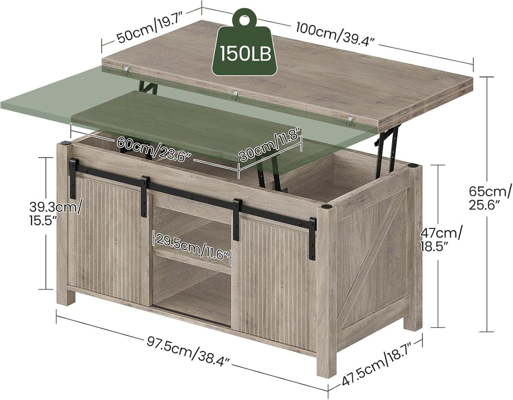 CHOEZON Lift Top Coffee Table, 4 in 1 Convertible Coffee Table, Farmhouse Coffee Tables, with Hidden Compartments, with Sliding Doors, for Living Room, Apartment, Greige MKF01FH
