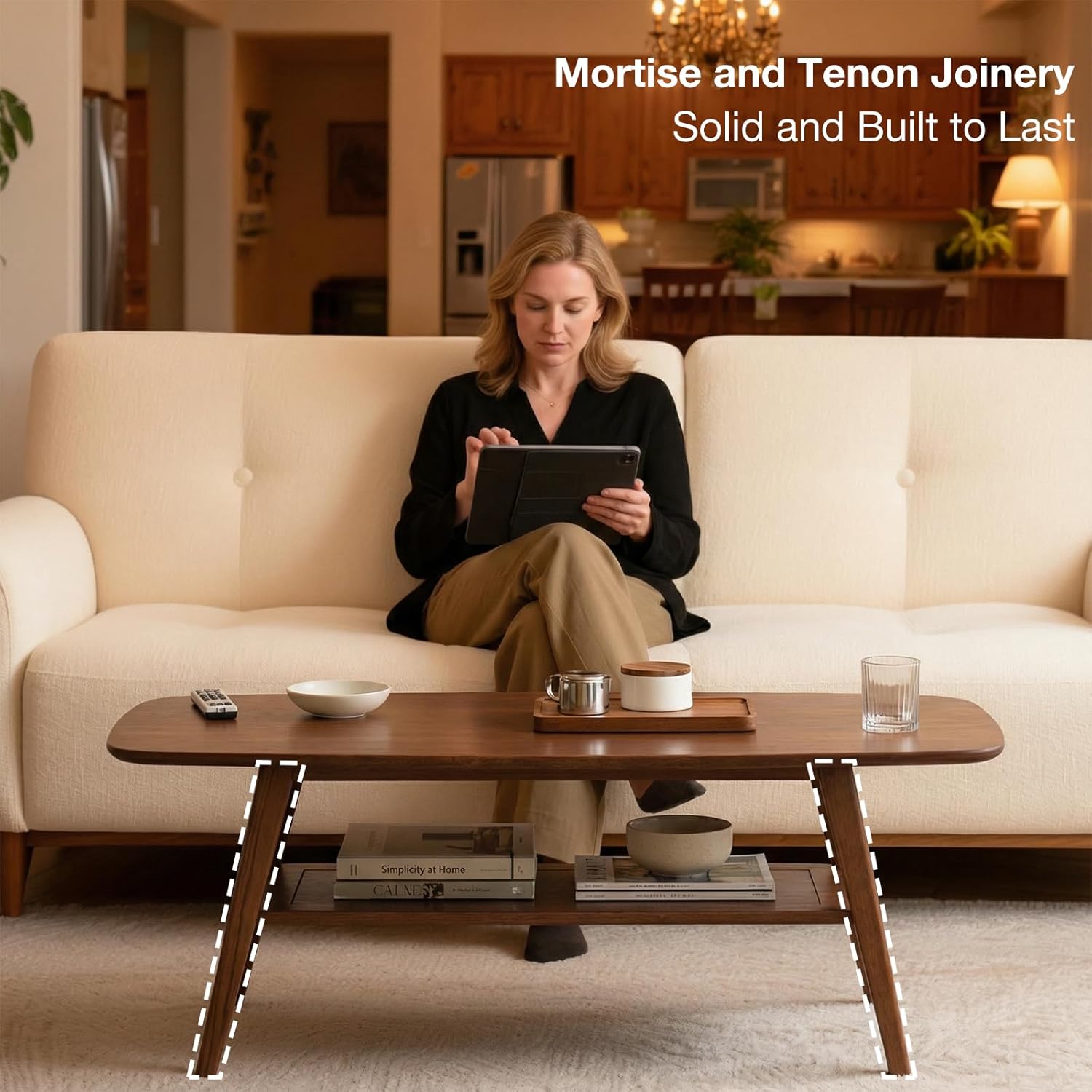 Mid Century Modern Coffee Table: 100% Solid Wood Coffee Table - 2-Tier Storage Design - Practical Coffee Tables for Living Room, Apartment, Easy Assembly (Walnut, 39.37')