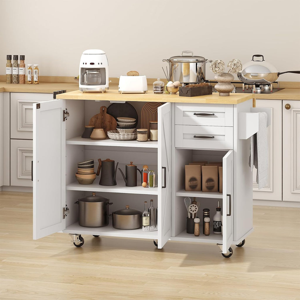 VVFLU Rolling Kitchen Island On Wheels, Kitchen Island Cart with Drop Leaf Countertop, Barn Door Island Table with Storage Cabinet and 2 Drawer, 5 Wheels, Towel Rack and Spice Rack, White