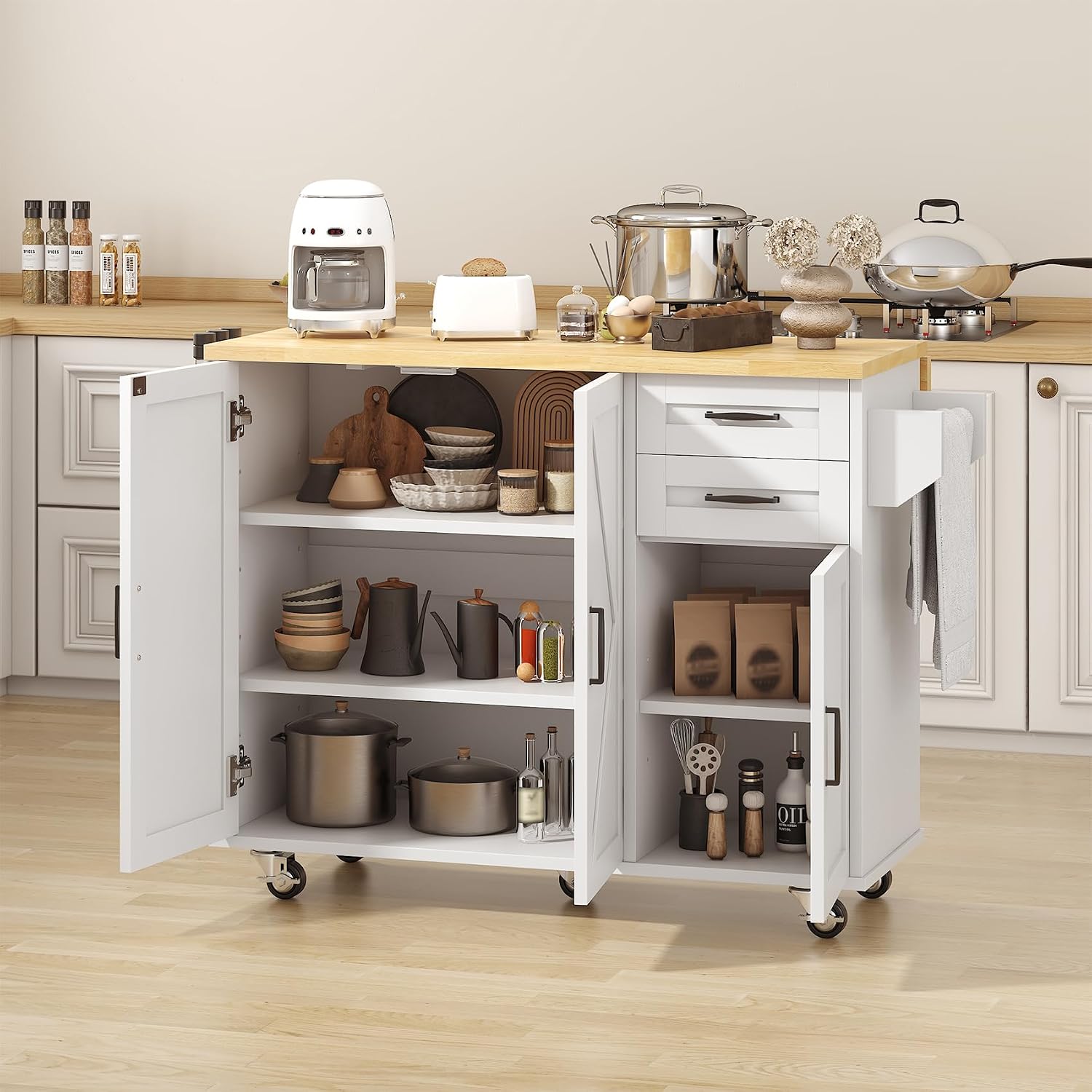 VVFLU Rolling Kitchen Island On Wheels, Kitchen Island Cart with Drop Leaf Countertop, Barn Door Island Table with Storage Cabinet and 2 Drawer, 5 Wheels, Towel Rack and Spice Rack, White