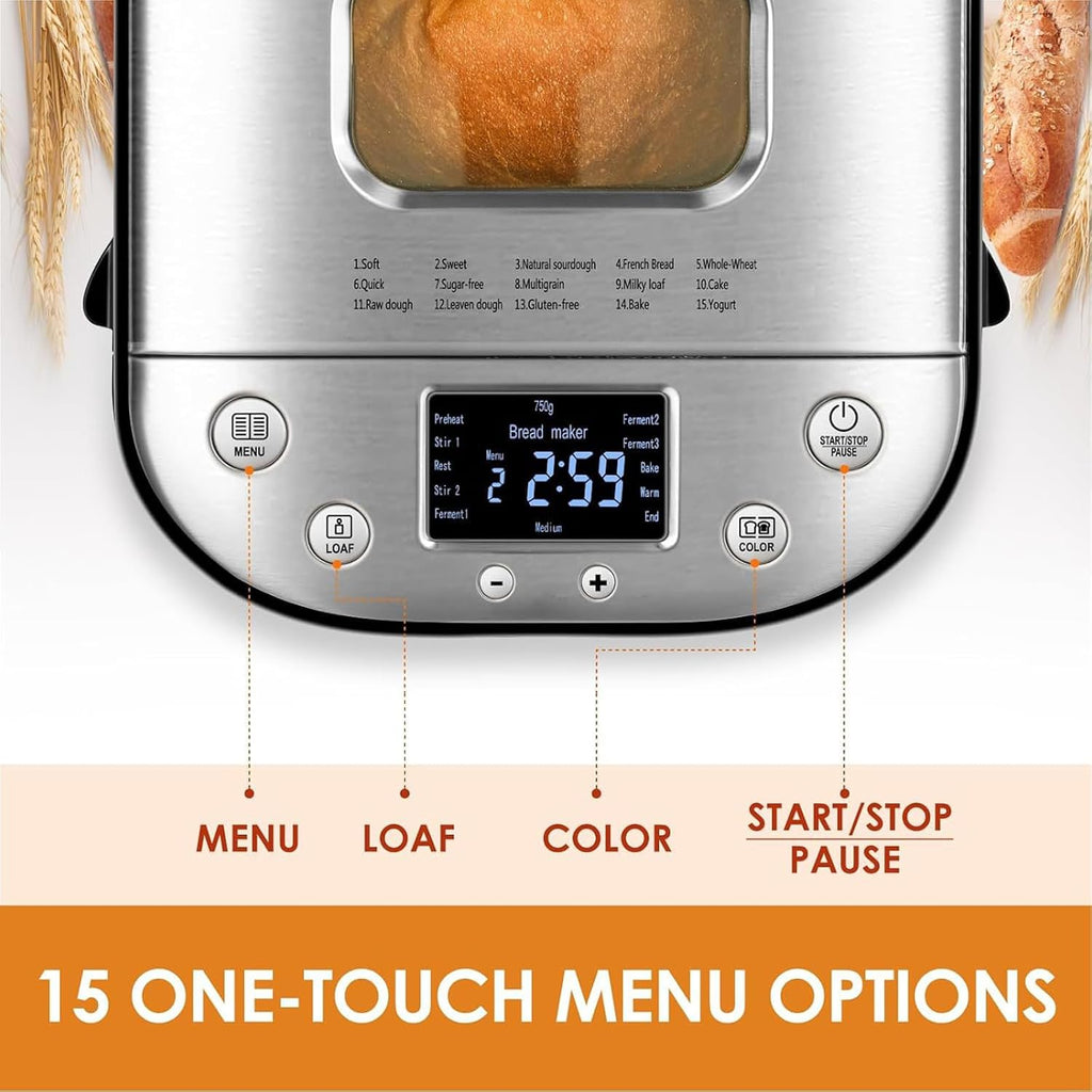 Bread Maker Machine, Automatic Breadmaker, Electric Cooker Toaster Makers, Timer Setting + Keep Warm Setting with 15 Preset Menus, for Kitchen Baking Loaf Dough