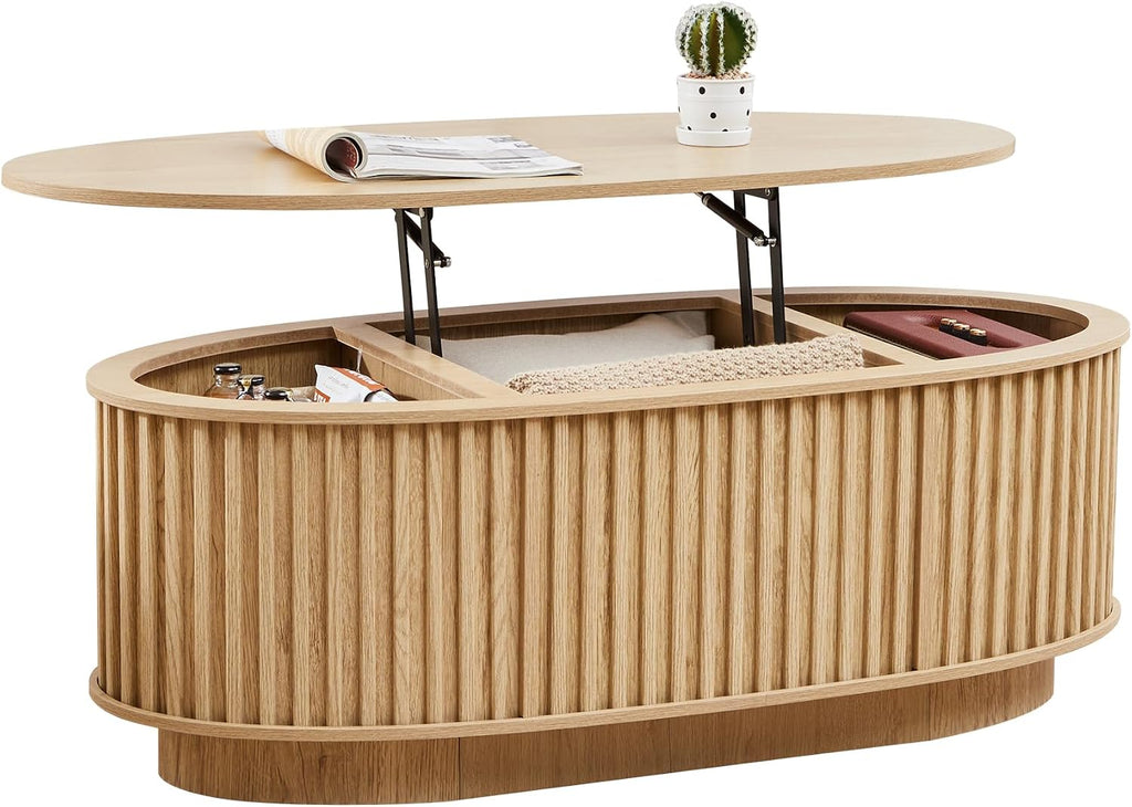 Oval Coffee Table, 43.3'' Fluted Lift Top Coffee Table with Hidden Storage Compartment, Mid Century Modern Dining Table Wooden Center Table for Living Room, Office, Small Spaces (Natural)