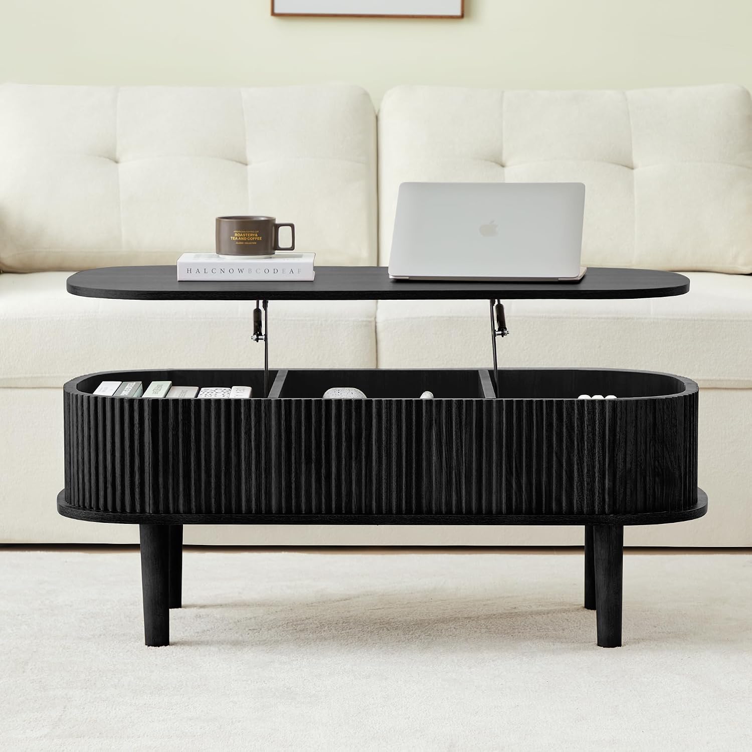 Fully Assembled Fluted Lift Top Coffee Table with Hidden Compartment, Wooden Center Table, Modern Oval Lift Tabletop for Home Living Room Office, Black