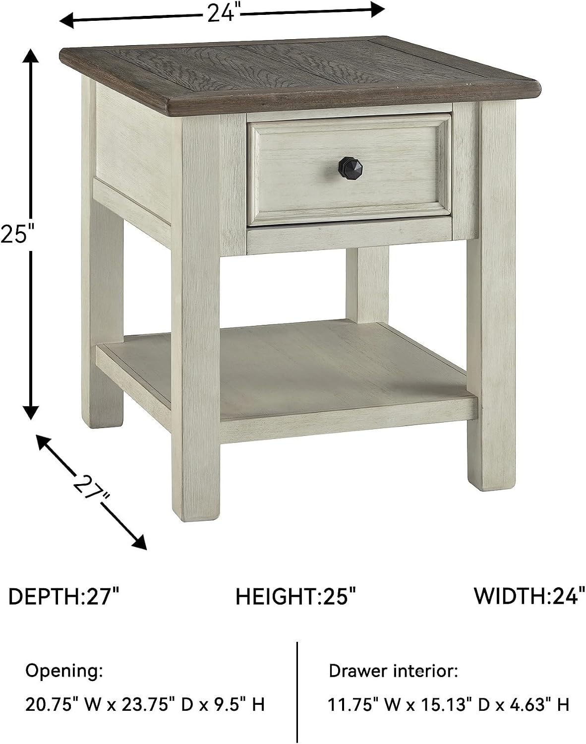 Signature Design by Ashley Bolanburg End Table for Living Room, Two-Tone Distressed Wood Side Table with Smooth-Gliding Drawer, Farmhouse Plank-Style Top, Ideal Night Stand Use, Antique White/Oak